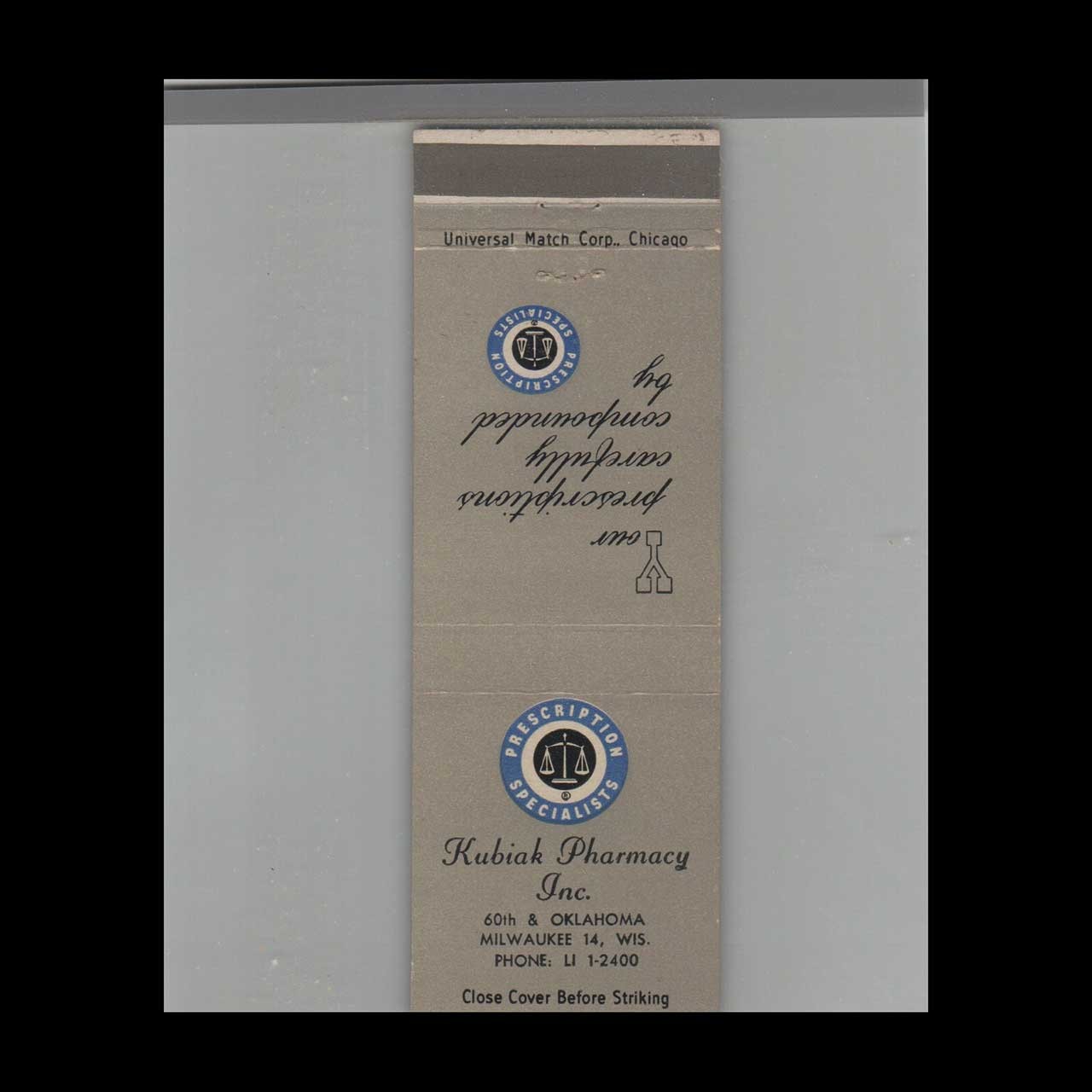 Matchbook Cover Drug Store Kubiak Pharmacy Milwaukee, WI