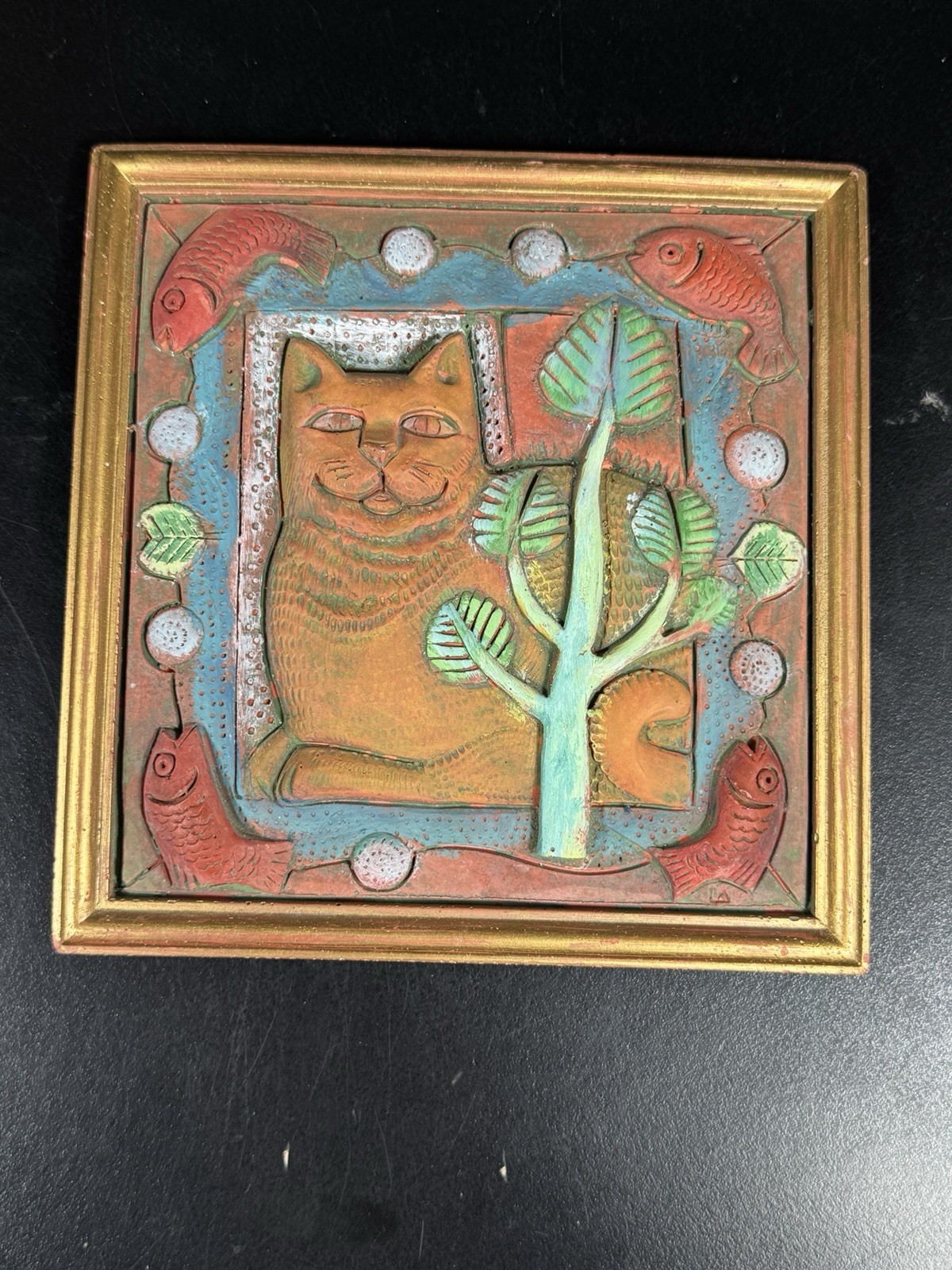 Vintage Cat Tile 3-D Art Atomic Mod Stamped By Maker Must See