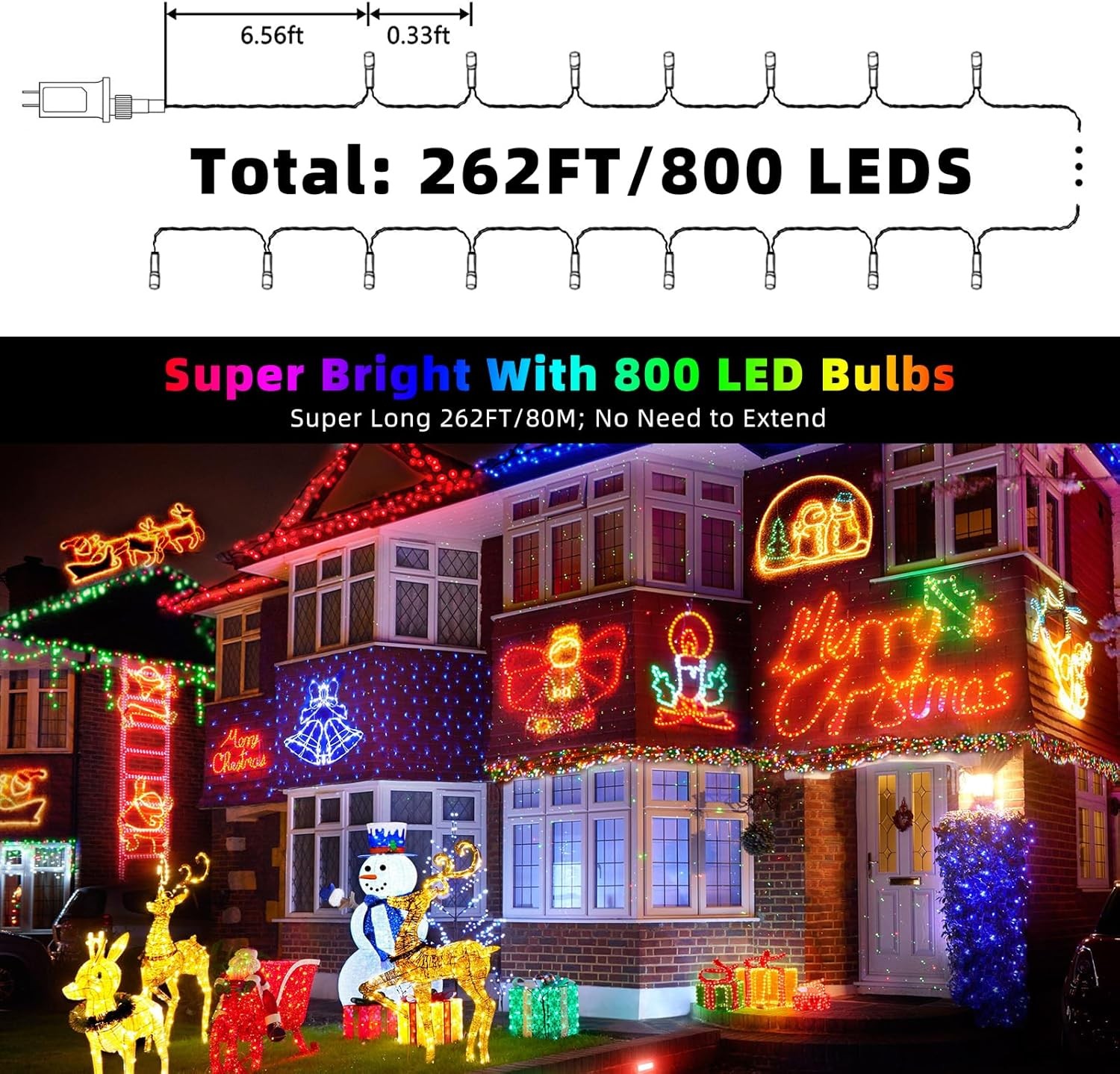 XTF2015 262FT 800 LED Christmas String Lights, 262 FT, Multicolor
