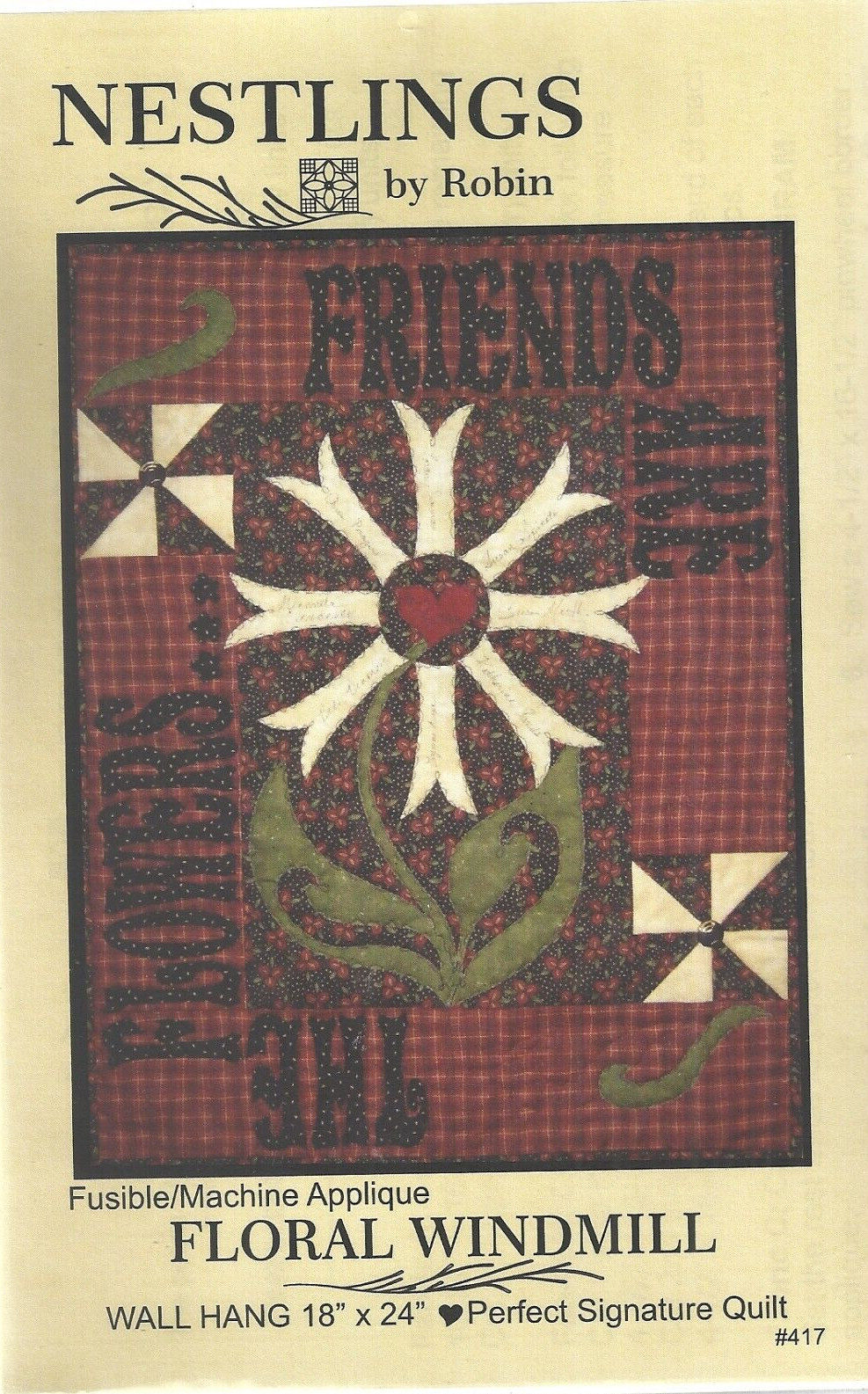 NESTLINGS BY ROBIN #417 FLORAL WINDMILL 18"x24" WALL HANGING SEWING PATTERN