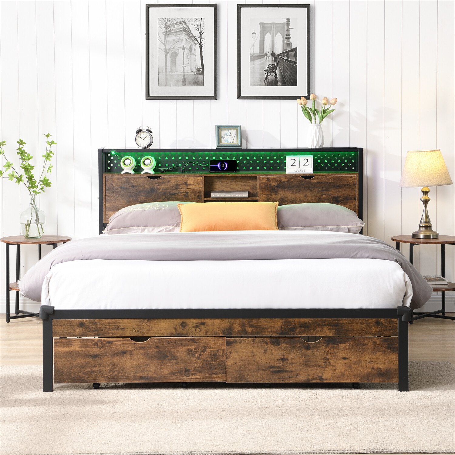Full/Queen/King Size LED Bed Frame Metal Platform Bed w/ Charging Station