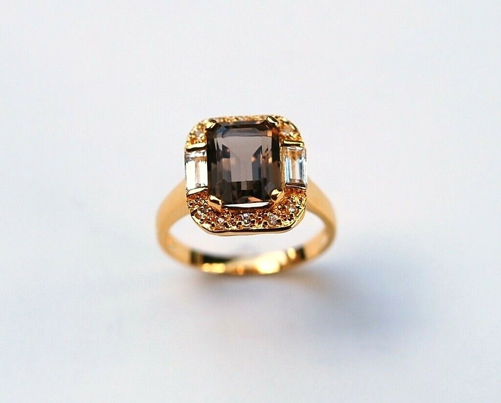 New 14K Yellow Gold Plated Silver Sterling Smoky Topaz Ring 2.5 ct size 8 .925