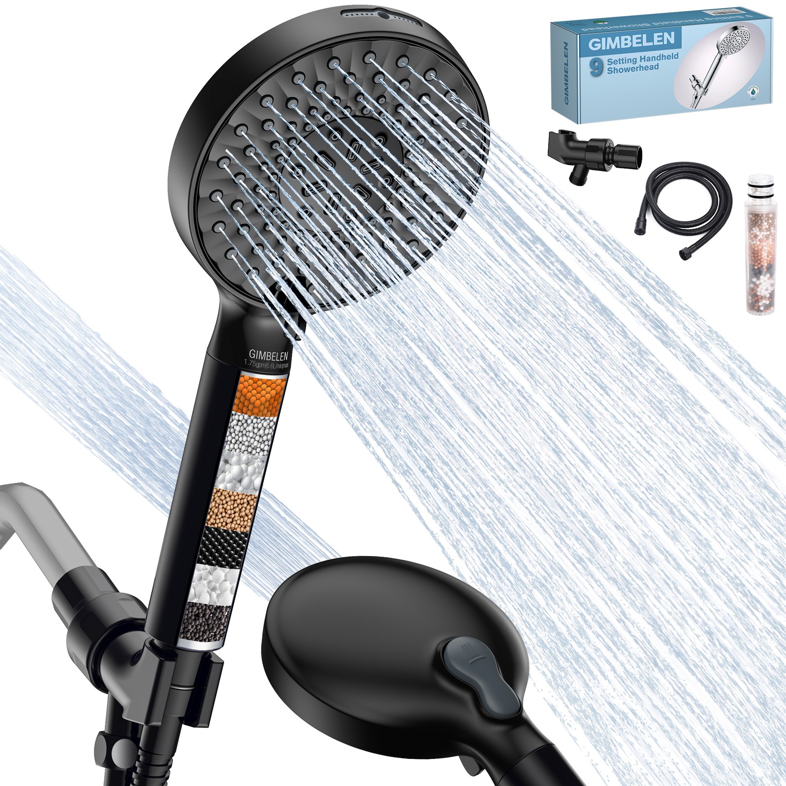 High Pressure Filtered Shower Head with Handheld Adjustable Bracket Matte Black