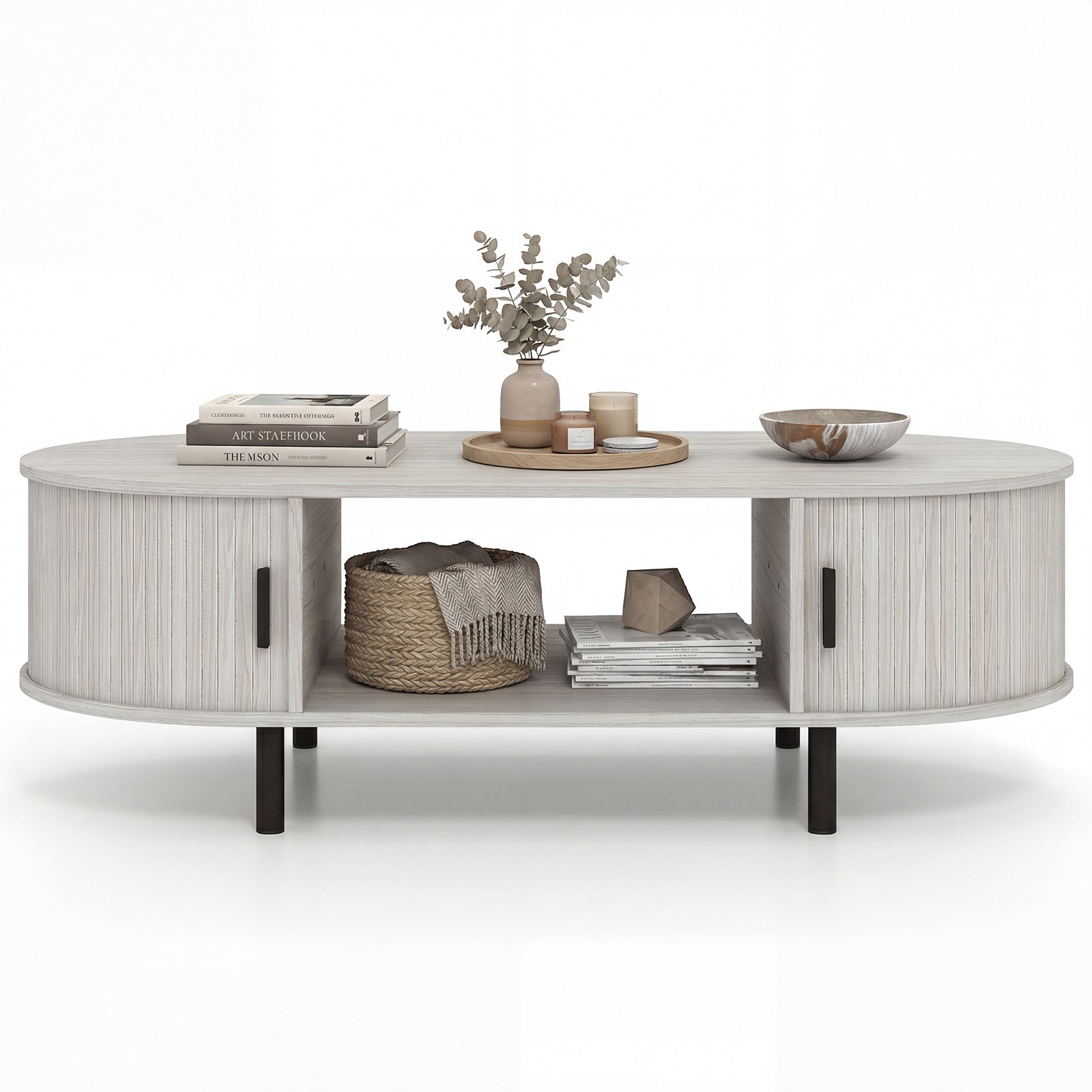 Oval Coffee Table 47.5" Wooden Center Table w/Storage Sliding Tambour Doors
