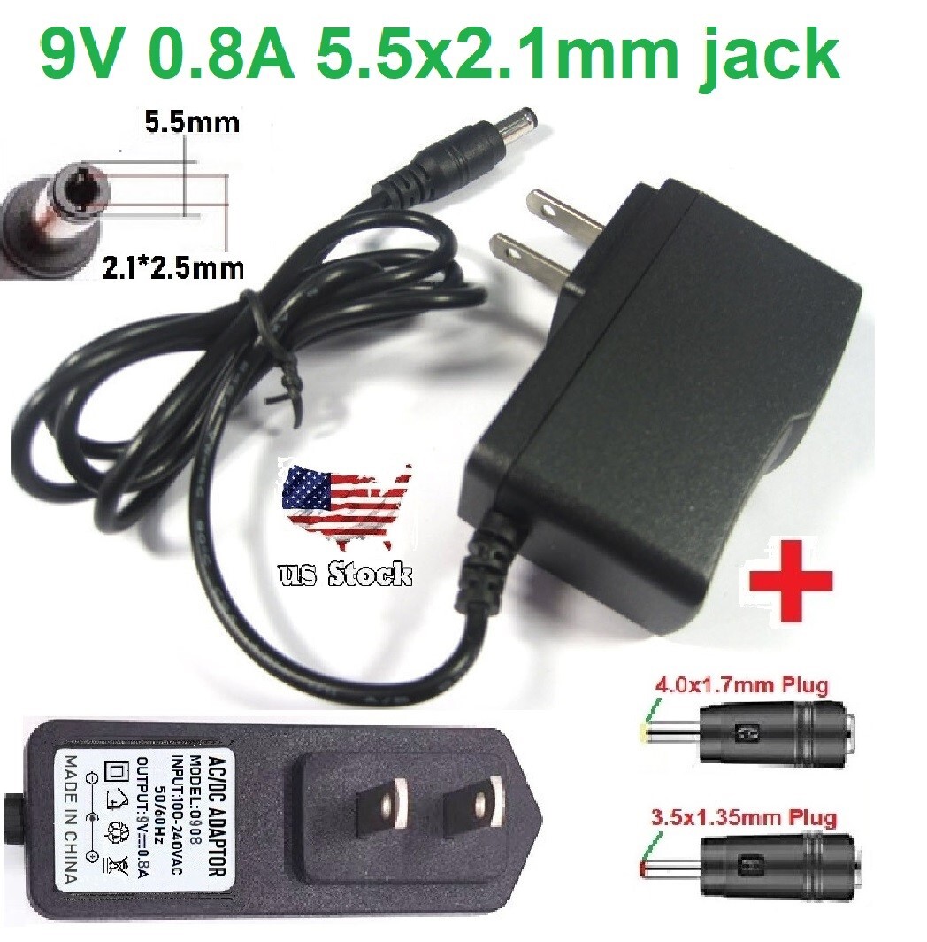9V 0.8A AC/DC Adapter Power Supply Charger with 5.5x2.1mm +2 DC Power Plug Tips