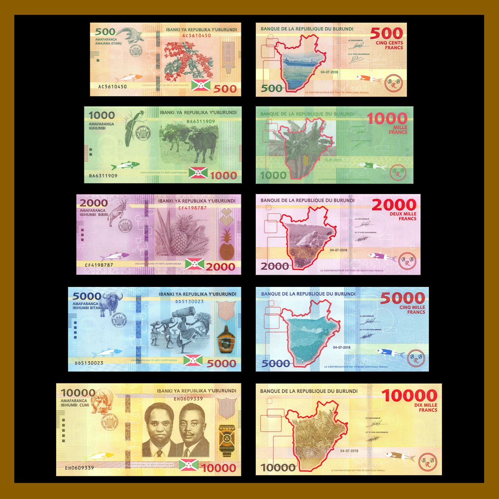 Burundi 500 1,000 200 5000 10000 Francs (5 Pcs Full Set), 2015-2018/19 P-New Unc