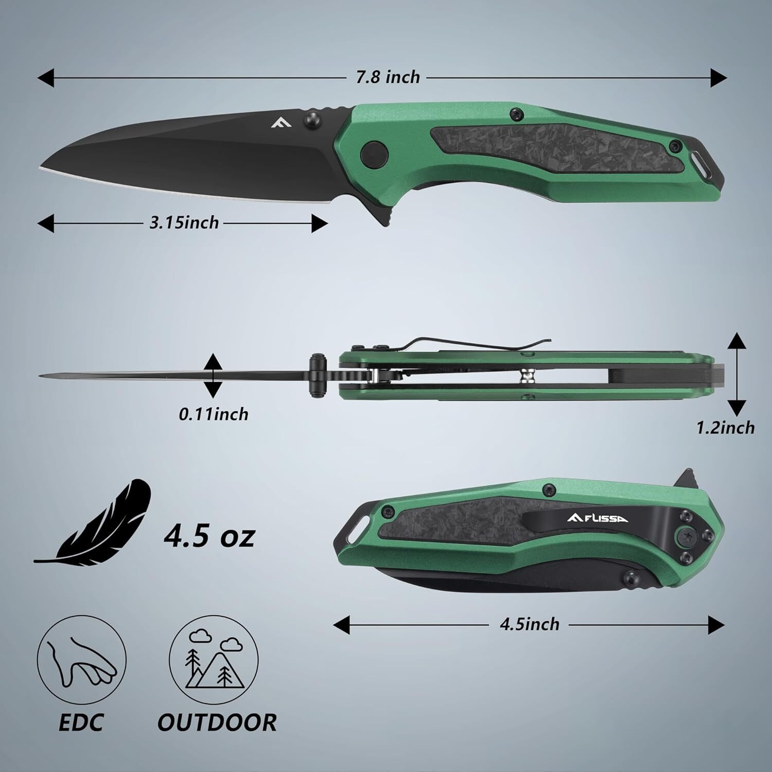 FLISSA Folding Pocket Knife EDC Knife with SANDVIK 14C28N Steel Blade Green New