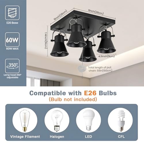 4-Light Square Ceiling Light Fixture with Pull Chain Switch, 4 light (Square)