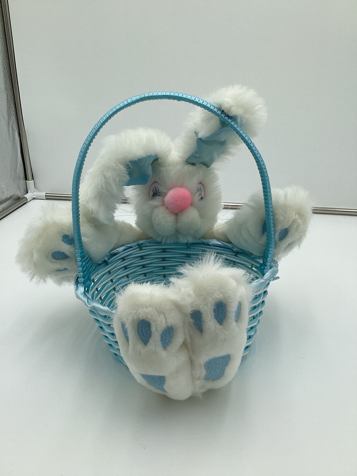 Vintage Fact Blue Easter Bunny With A Blue woven Basket 12” Tall