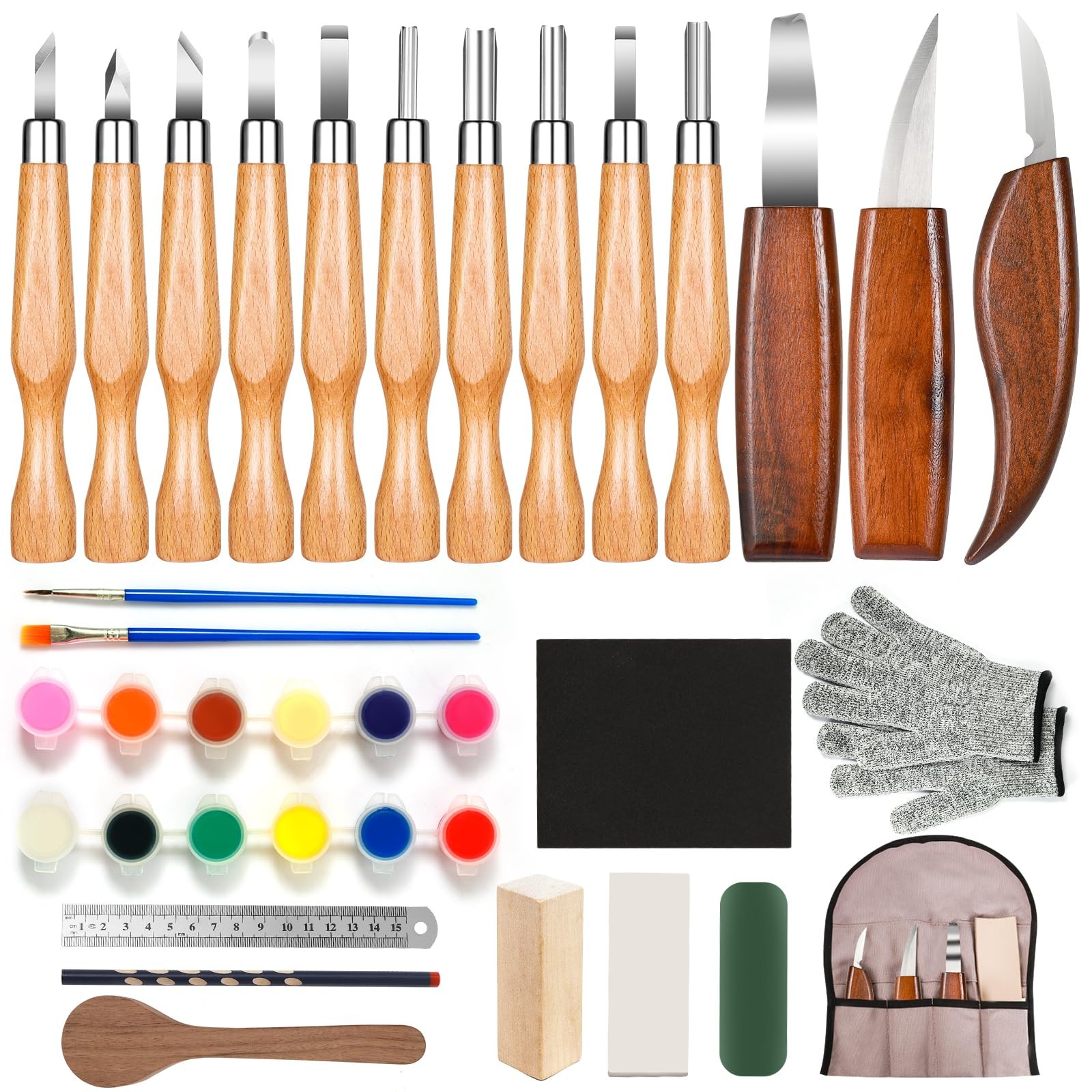 38 In 1 Wood Carving Kit Whittling Knife Paint Set Pencil Basswood Blocks