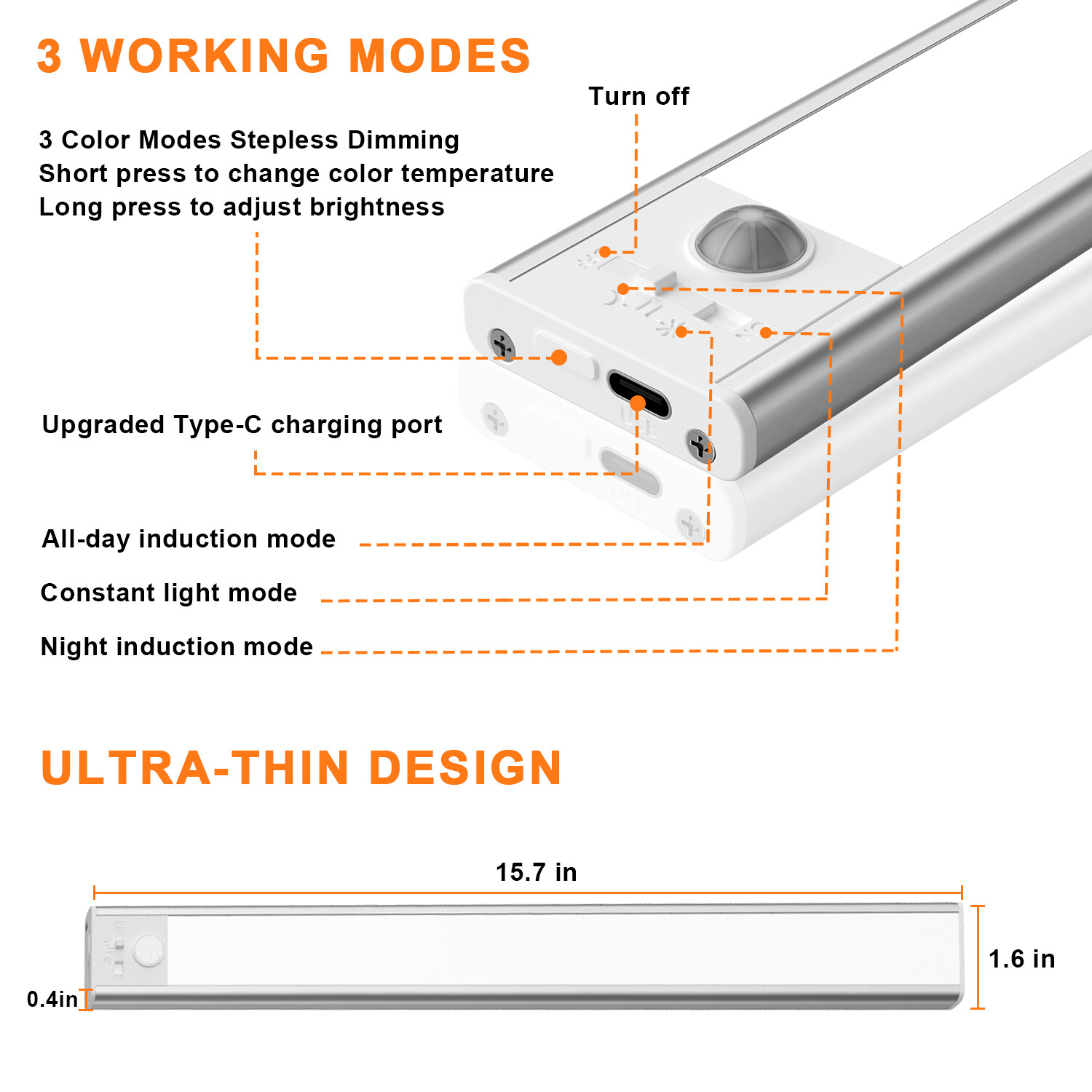 40cm LED Motion Sensor Under Cabinet Closet Lighting USB Recharge Dimmable Light