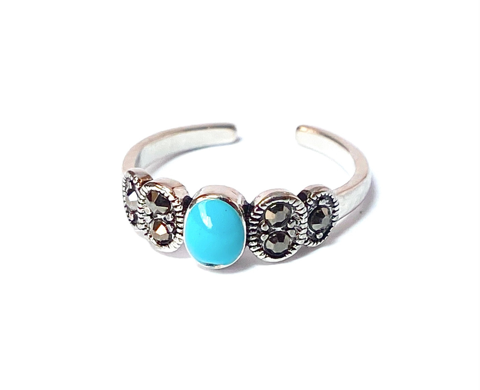 Turquoise Center & Black Crystal Adjustable Mid Ring / Toe Ring Jewelry