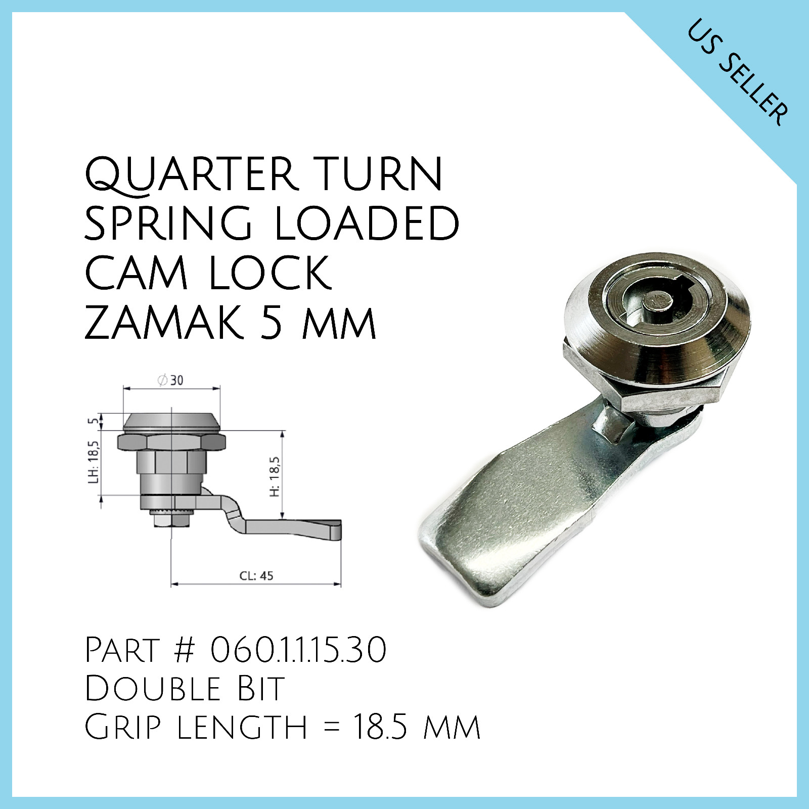 Quarter Turn Spring Loaded Cam Lock Zamak 5mm Double Bit Part # 060.1.1.15.30