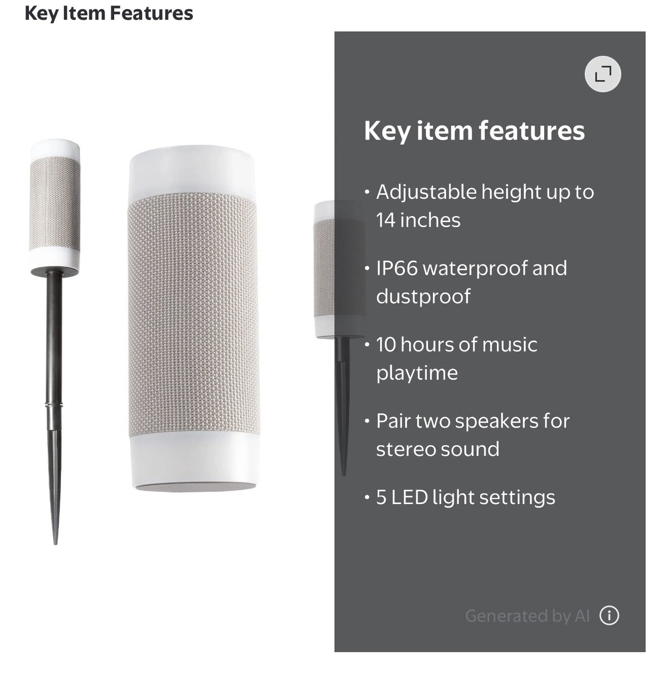 iJoy TIKI+ Bluetooth Waterproof LED Lighting Portable Speaker, White, Stake