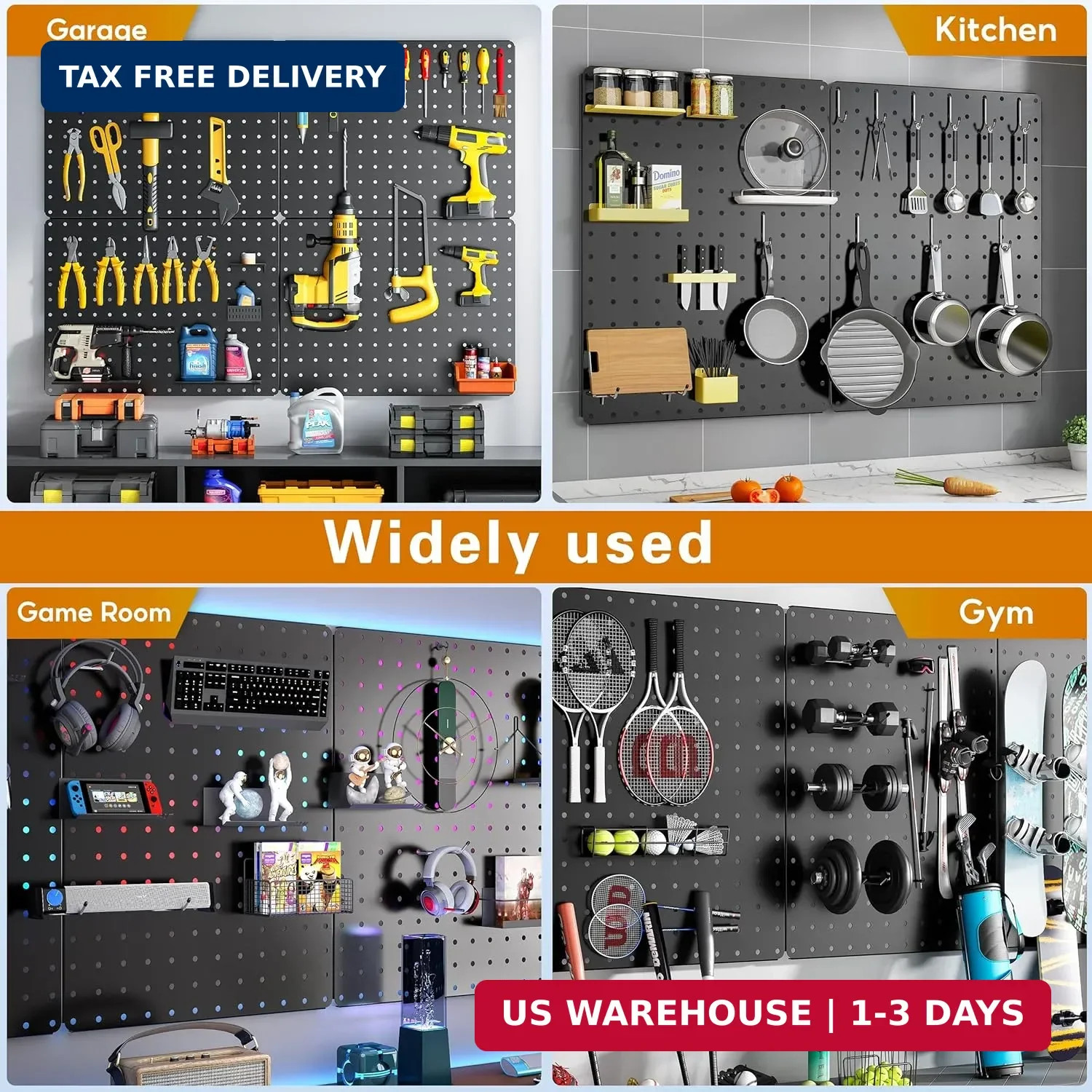 Peg Board, 110pcs Metal Pegboard Kit, Includes 4 Pack Black Peg Board Panels wit