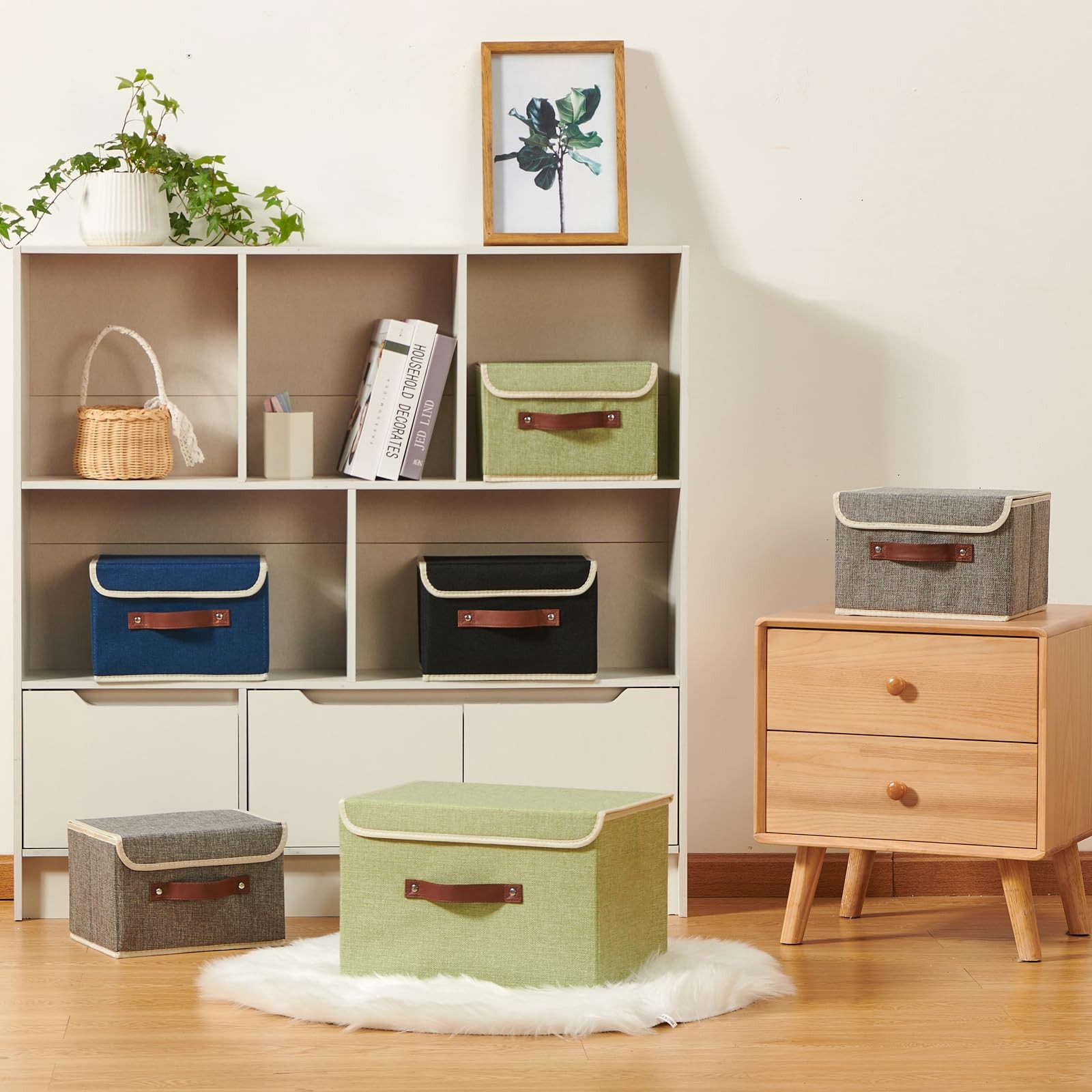 Storage Boxes with Lid Cotton Linen Fabric Storage Bins Organizer Container D...