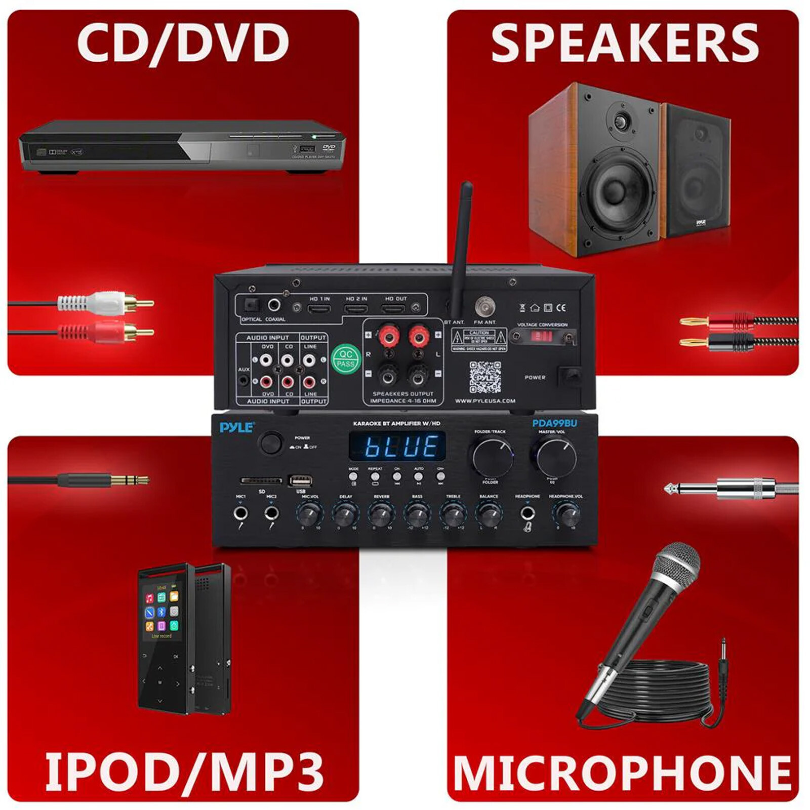 Pyle PDA99BU 2-Channel Home Audio Bluetooth Receiver, 2x 4" 200W Speakers, Wire