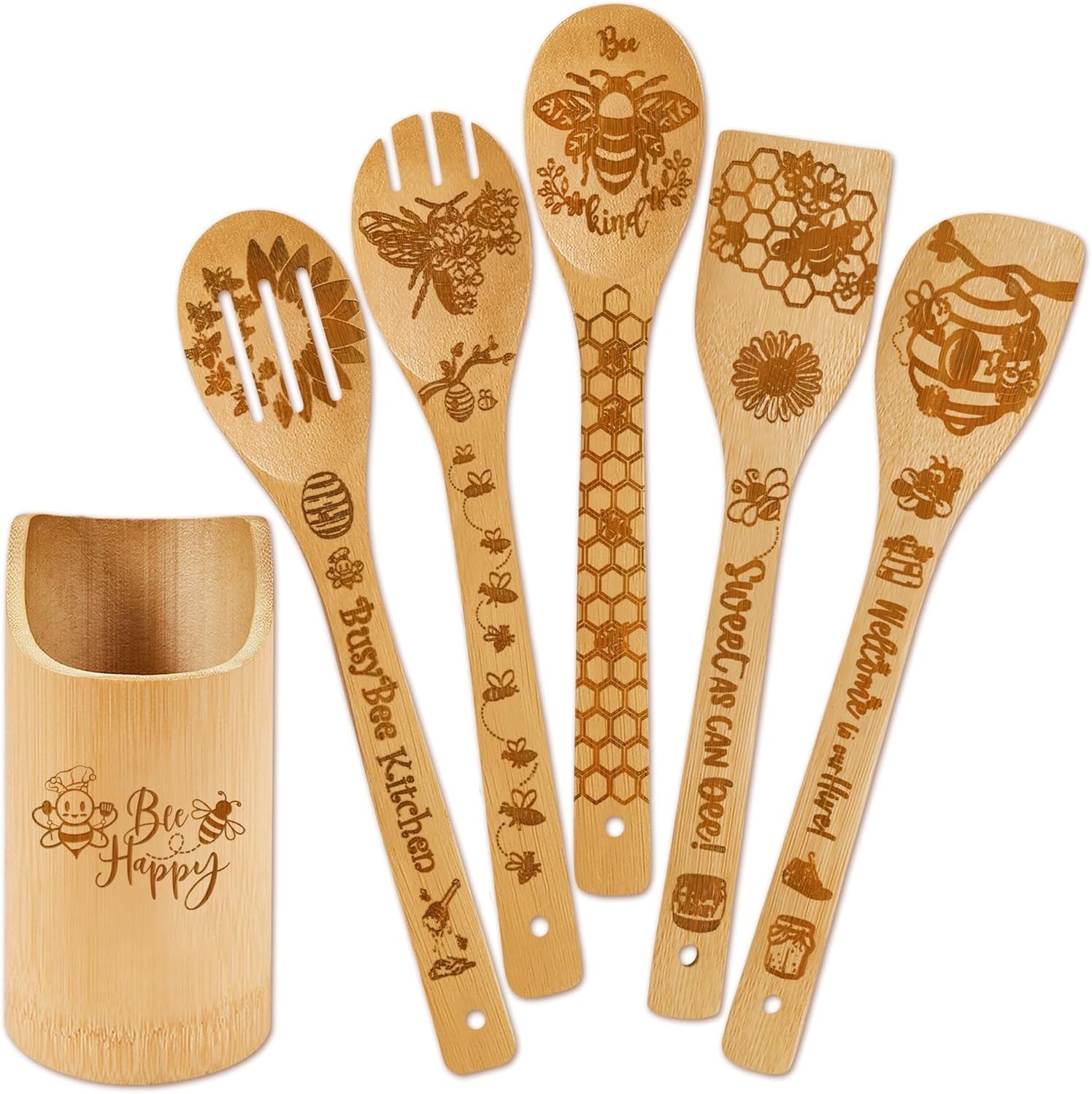 6 PCS Bee Wooden Cooking Spoons Set,Bumble Bee Kitchen Utensil Decor and for ...
