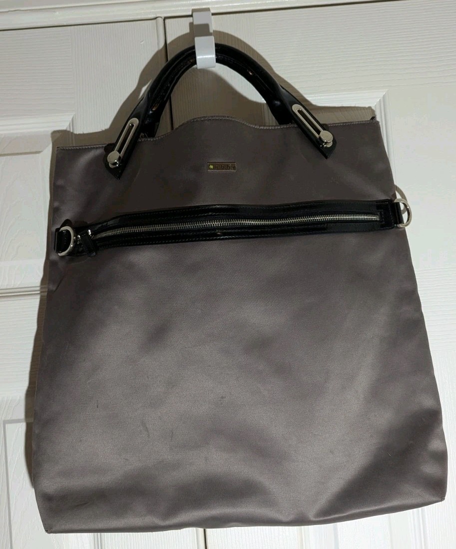 Abbi Taupe Satin Vertical Laptop Work Bag front Zip Pocket
