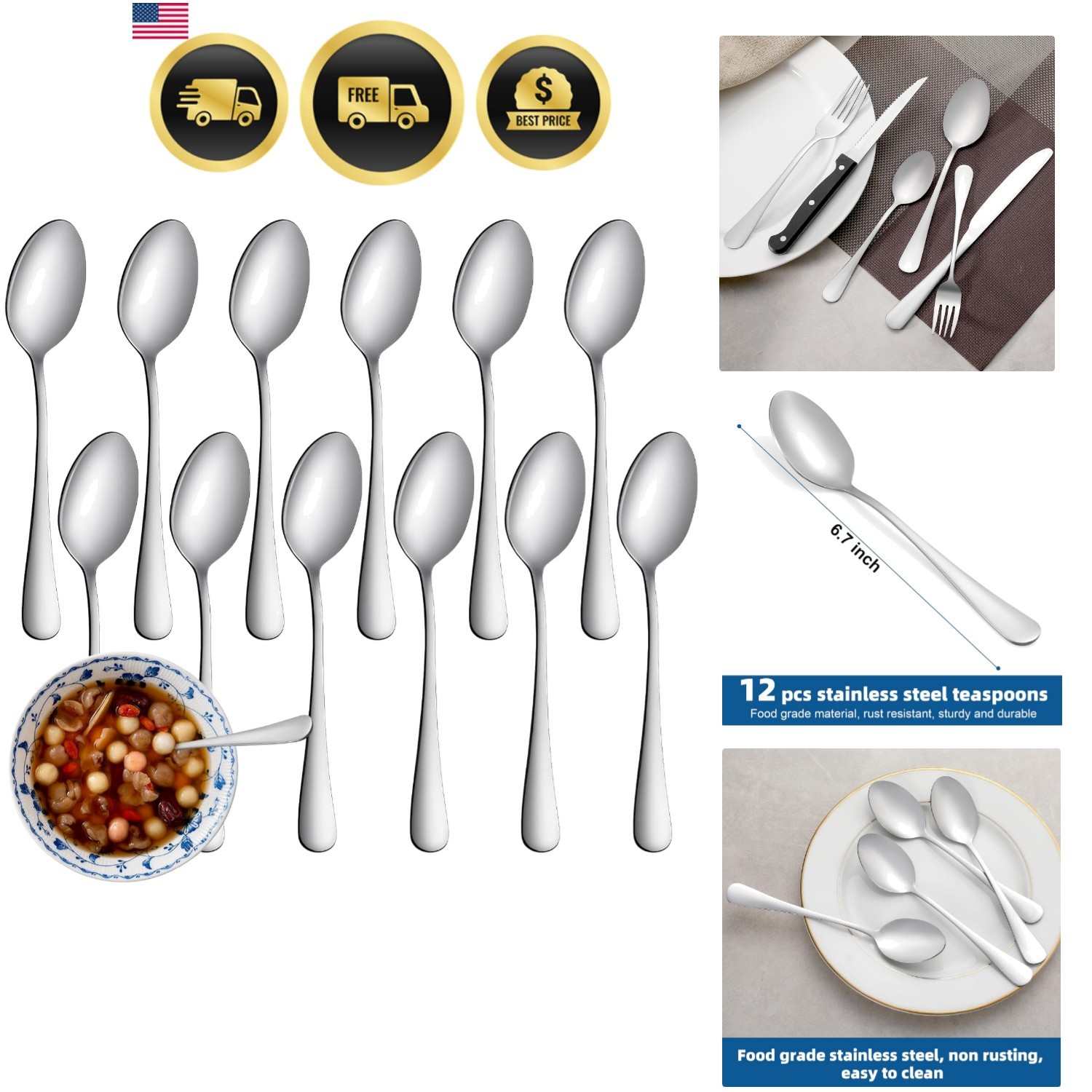 12 Pcs Teaspoons Set, Food-Grade Stainless Steel Spoons Silverware, Cutlery T...