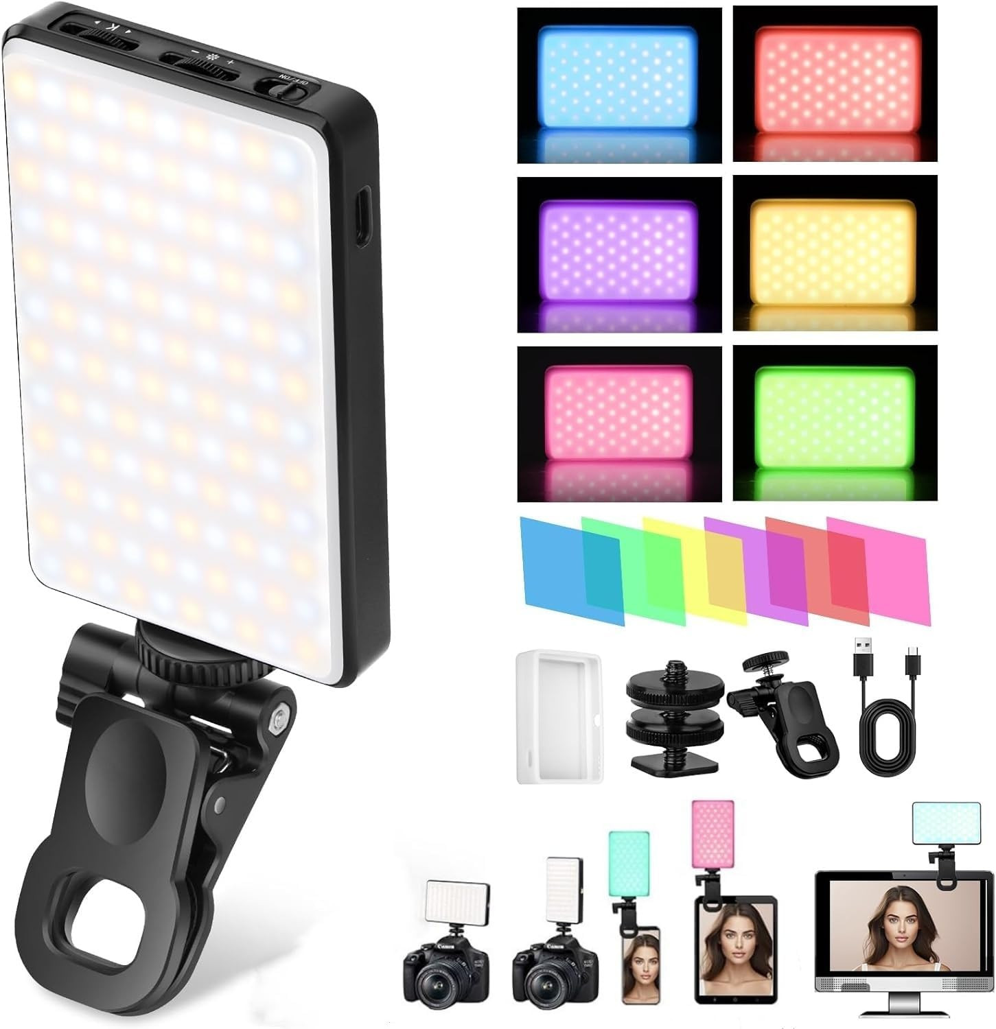 LED Selfie Phone Light, Rechargeable 2500-9000K Clip On Fill Light with Diffuser