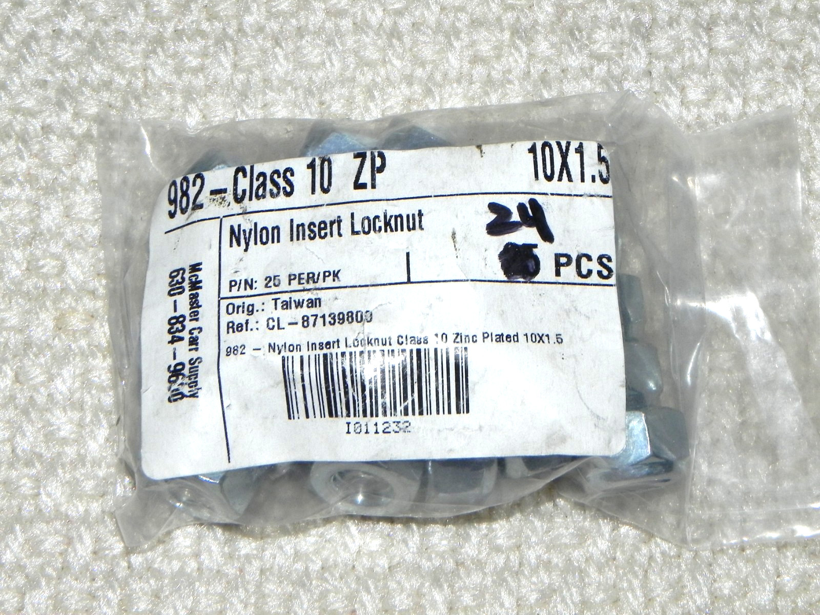 24) M10 Metric Nylon Purple Insert Lock Nuts, M10-982 Class 10 ZP