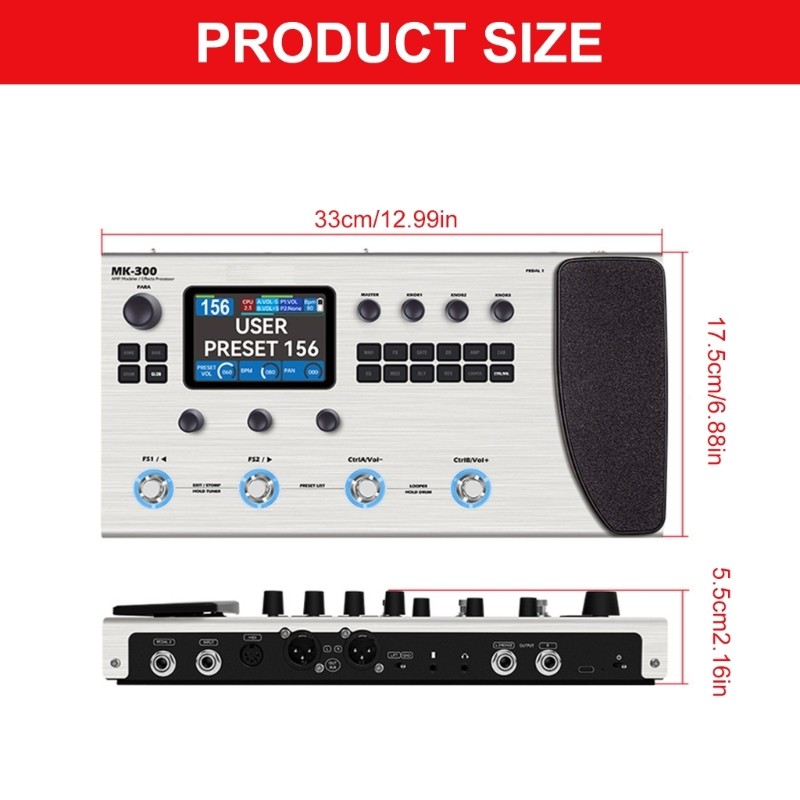 MK300 Advanced Guitar Multi Effect Unit Screen Control 10Hrs Operate with Cord