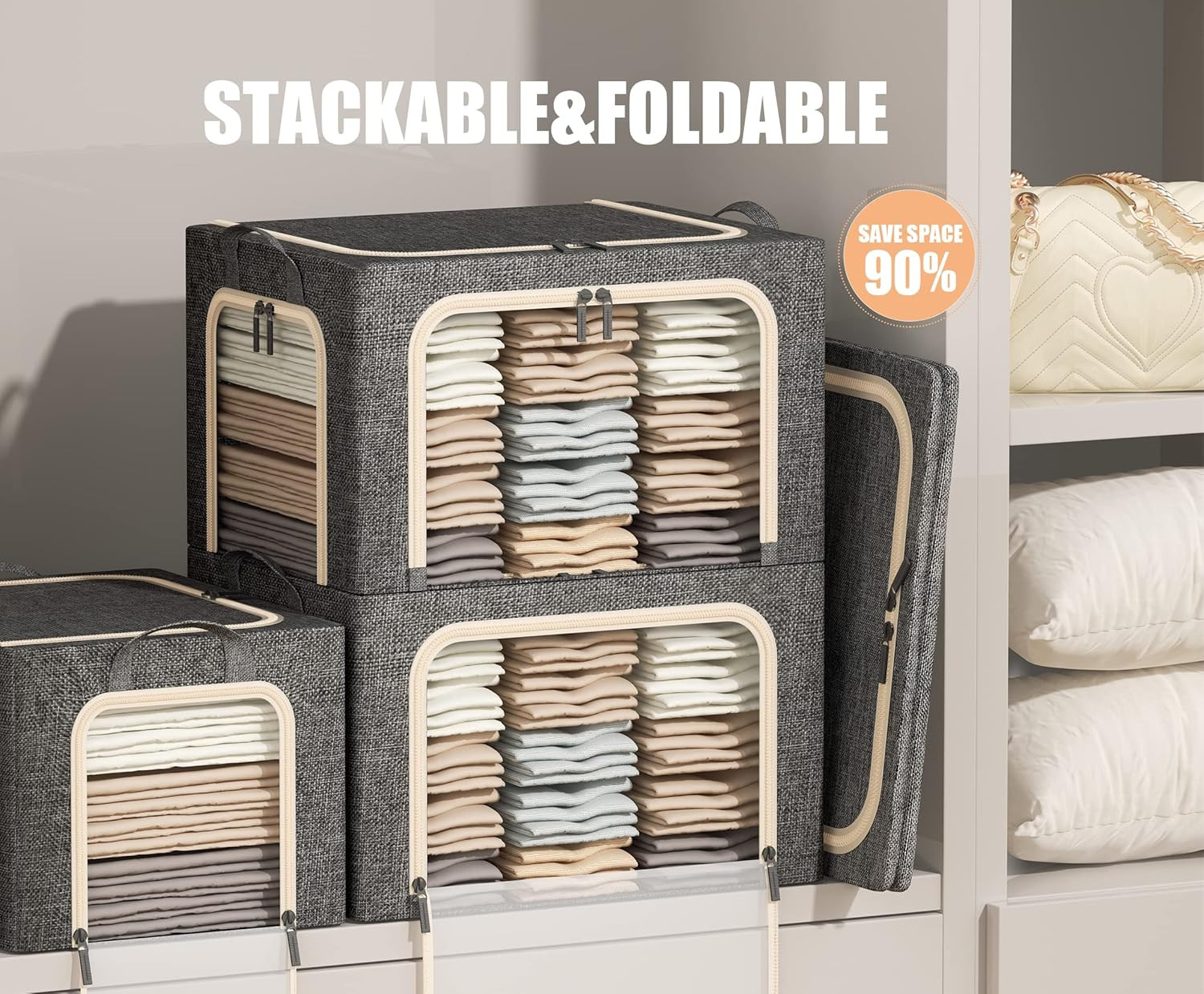 3 Openings Clothes Storage Bins with Metal Frame, Foldable Storage Bin for Cloth