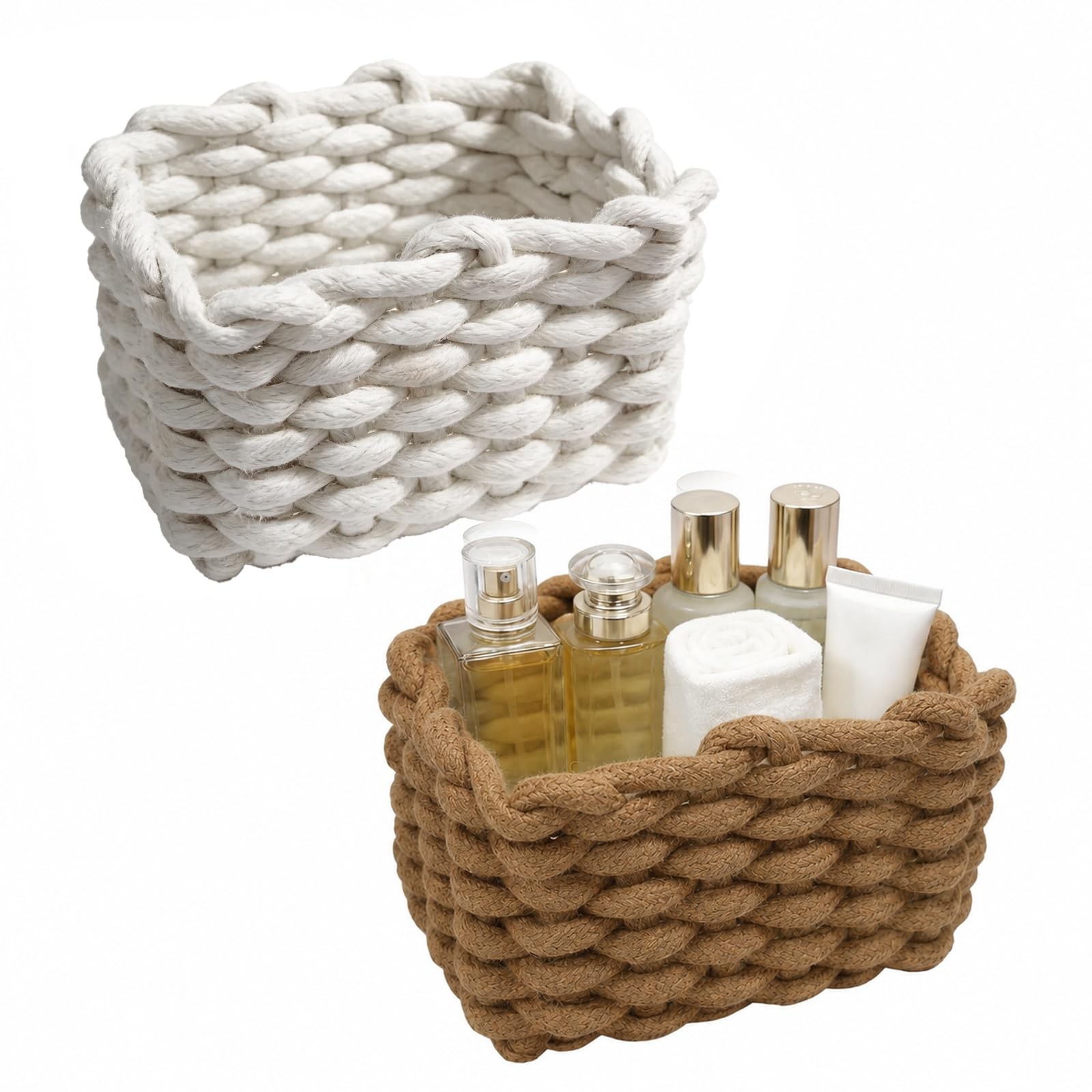 Woven Baskets 2 Pcs White and Brown, Small Storage Basket & Basket Organizer,...