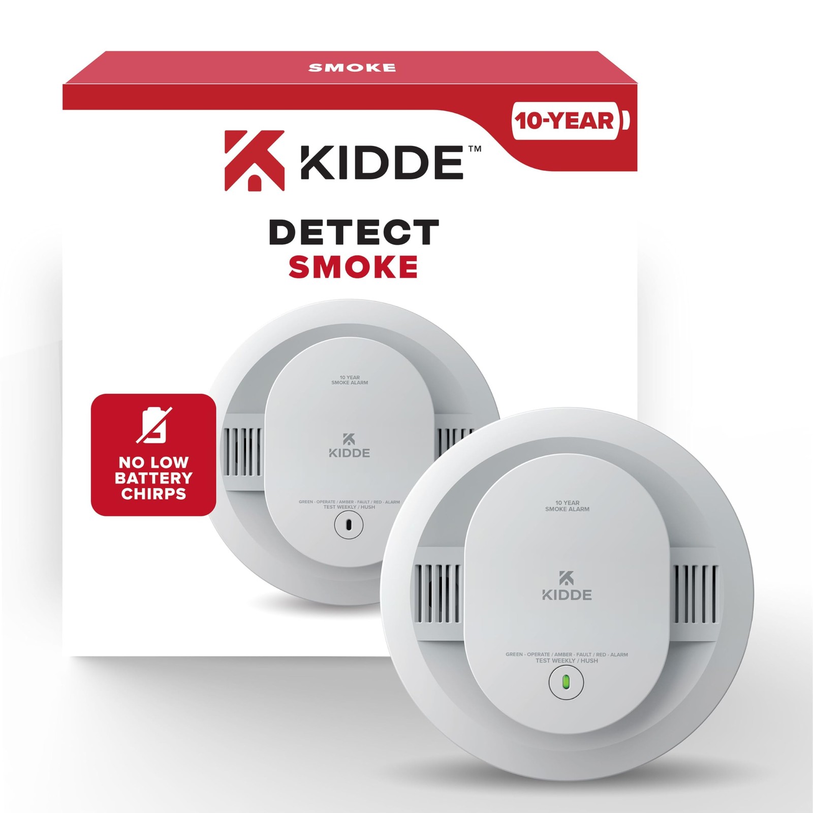 Kidde Smoke Detector, 10-Year Battery Powered, with LED Status 1 Pack, White