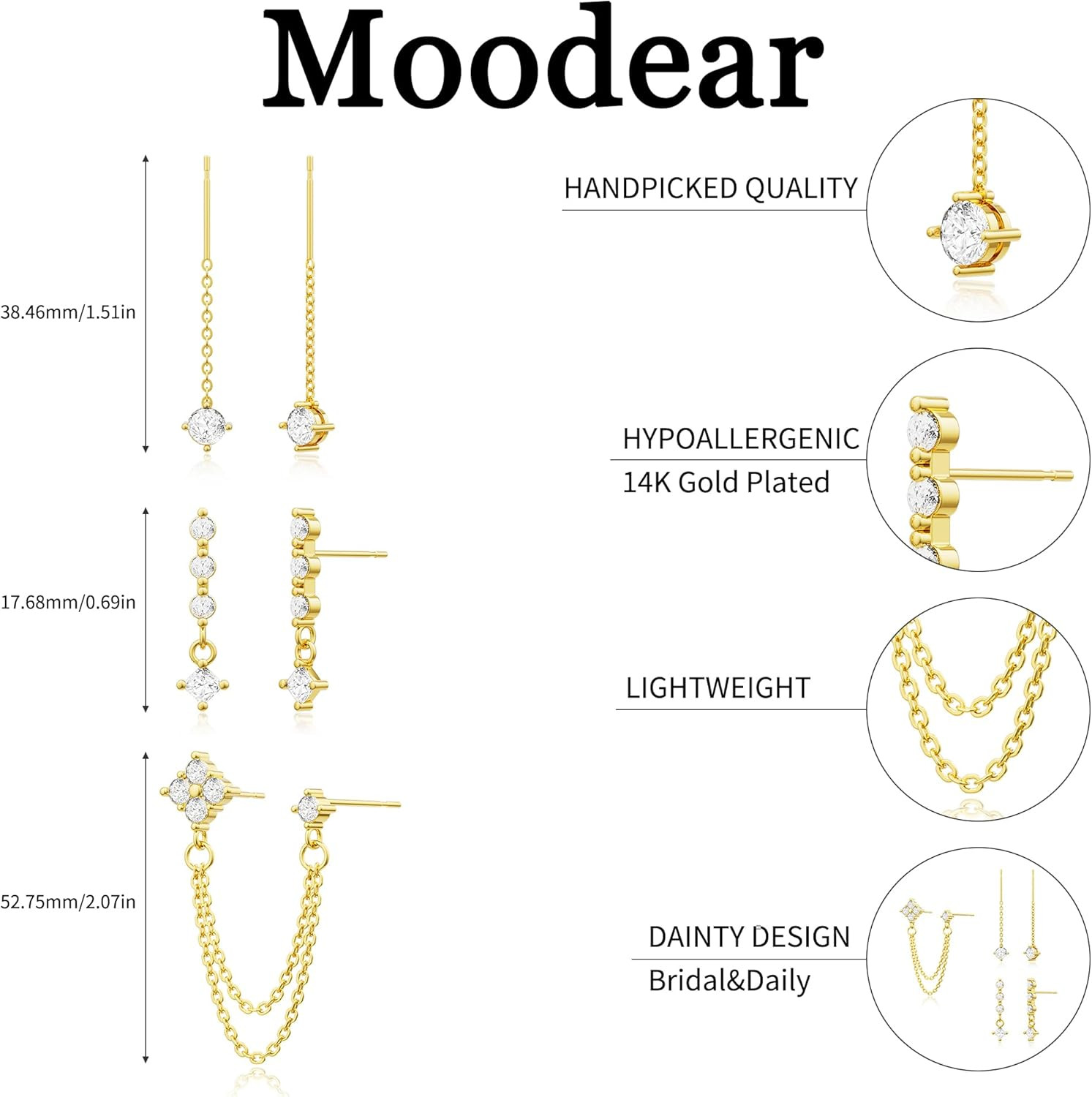 14K Gold Plated Dangle Earrings Set CZ Hoop Stud Stack