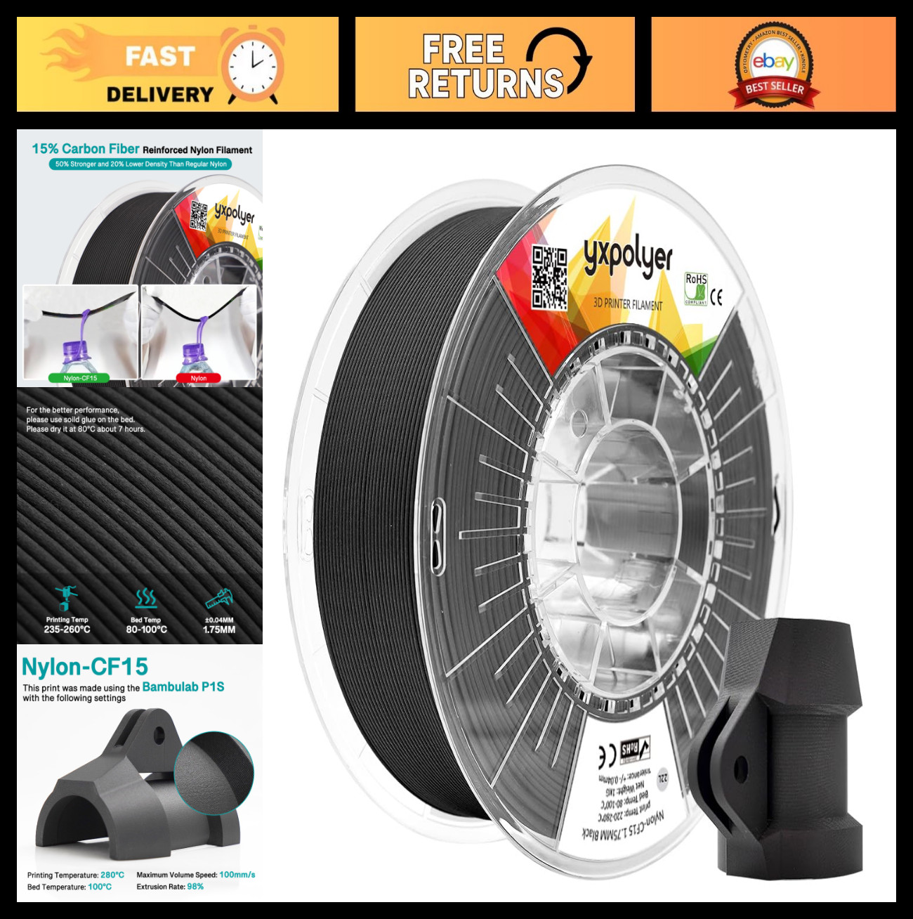 High-Performance Carbon Fiber Nylon 3D Printer Filament 1.75mm 1kg PA6-CF Spool