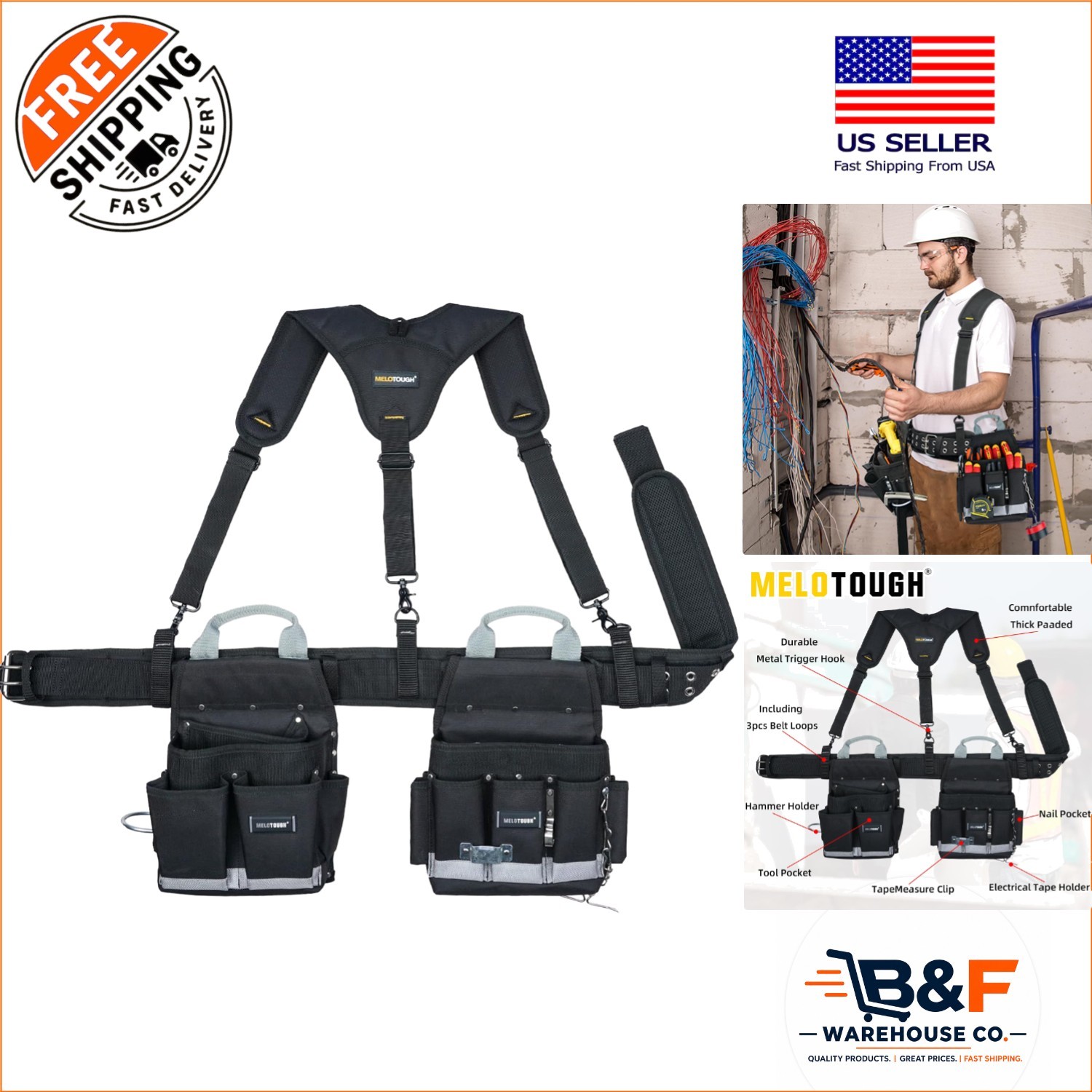 600D Ballistic Fabric Tool Belt with Suspenders for Electricians & Carpenters