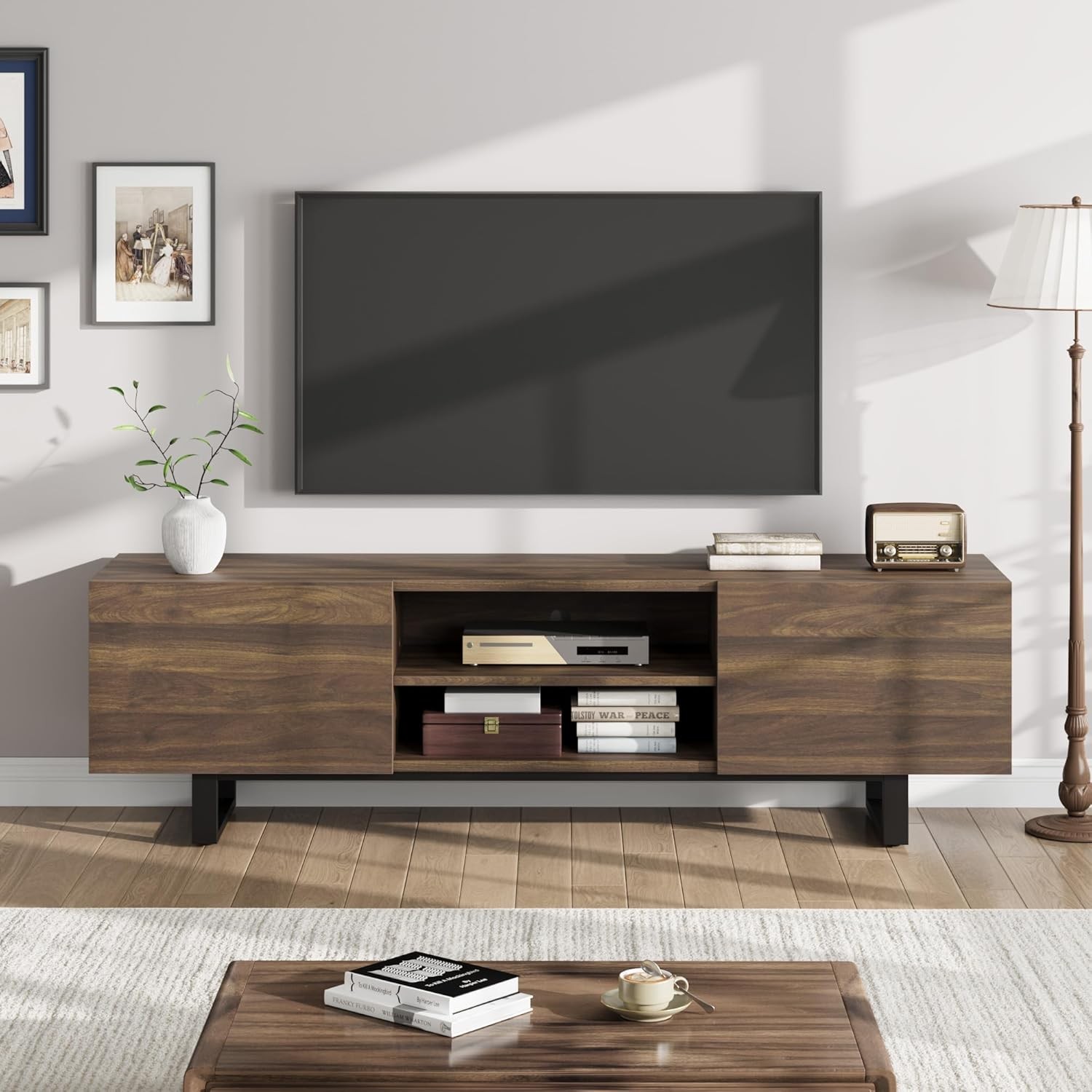 Industrial TV Stand for 80 inch TV, Modern Entertainment Center with 2 Drawers
