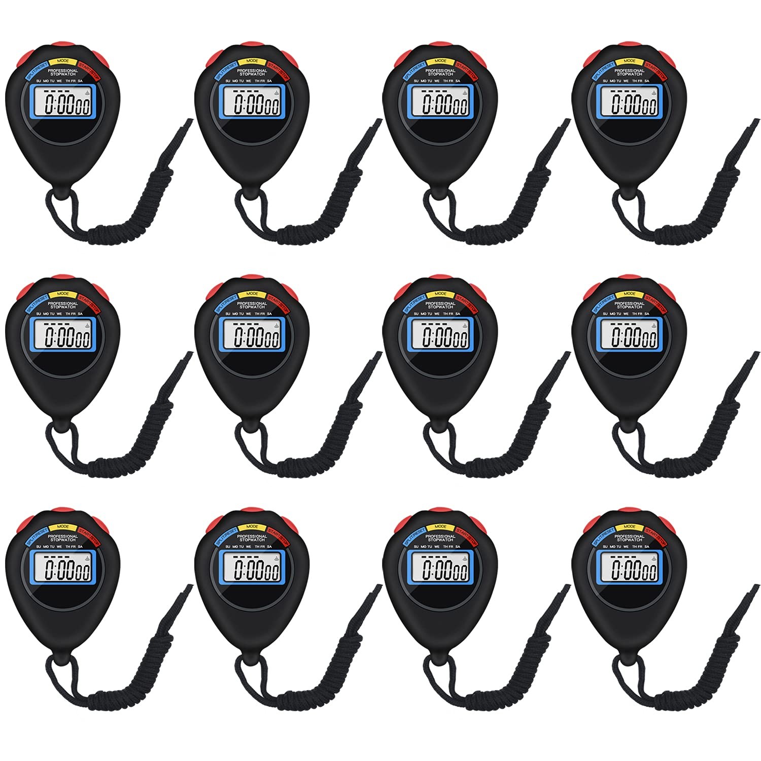 12 Pack Multi-Function Electronic Digital Sport Stopwatch Timer, Large Displa...