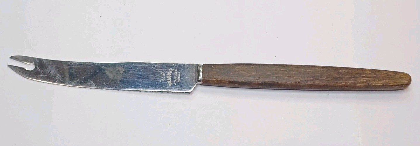 Vtg SKAUGUM 4.25" Serrated Cheese Knife W/ Wood Handle F/ Norway