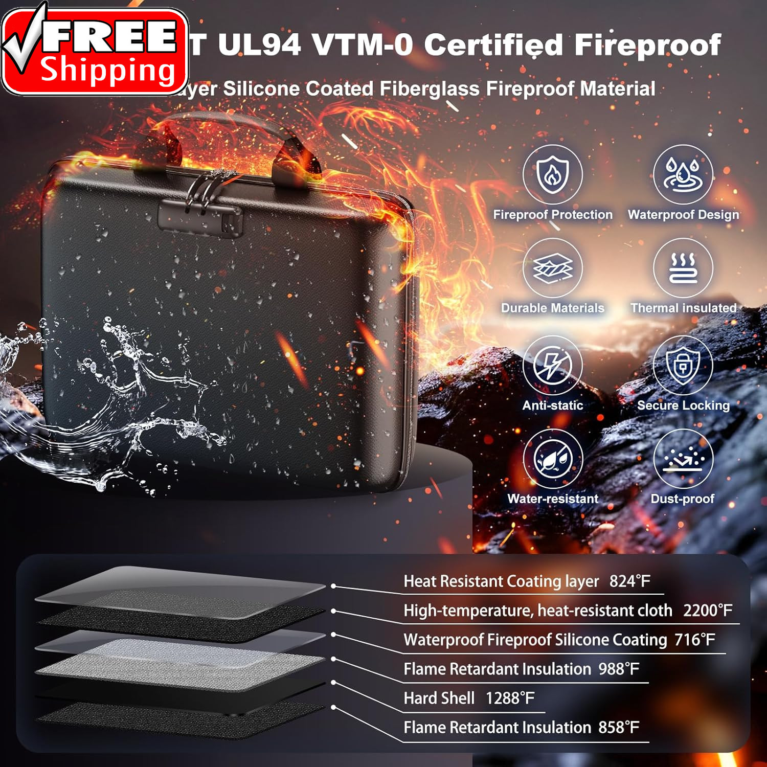 Fireproof Document Box, Hard Case Fireproof File Organizer with Lock and 13 Pock