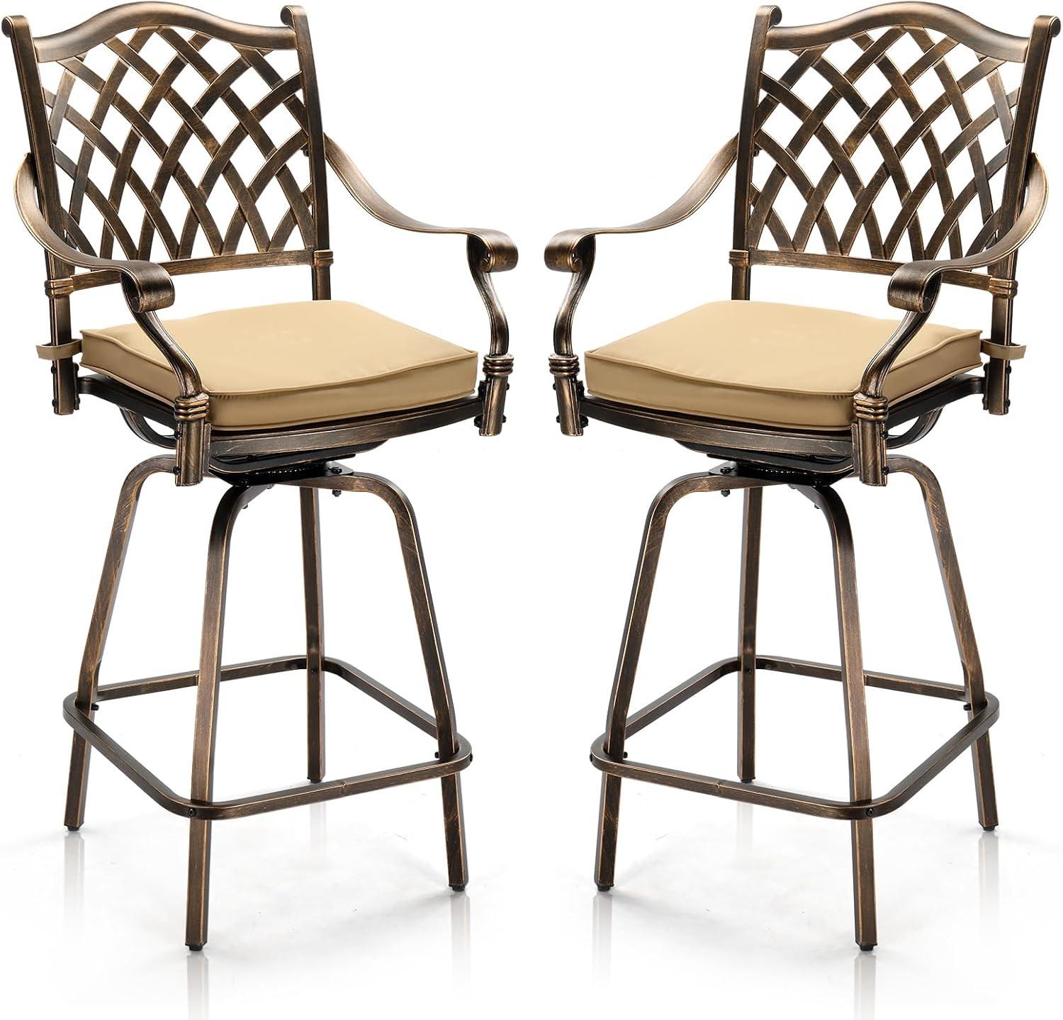 Outdoor Swivel Bar Stools Set of 2, Cast Aluminum All-Weather Patio Bar Height C