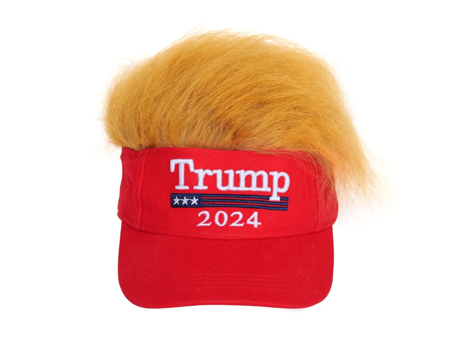 2024 President Donald TRUMP Red Trumpy Visor Hat w/Gold Hair Golf Cap Wig MAGA