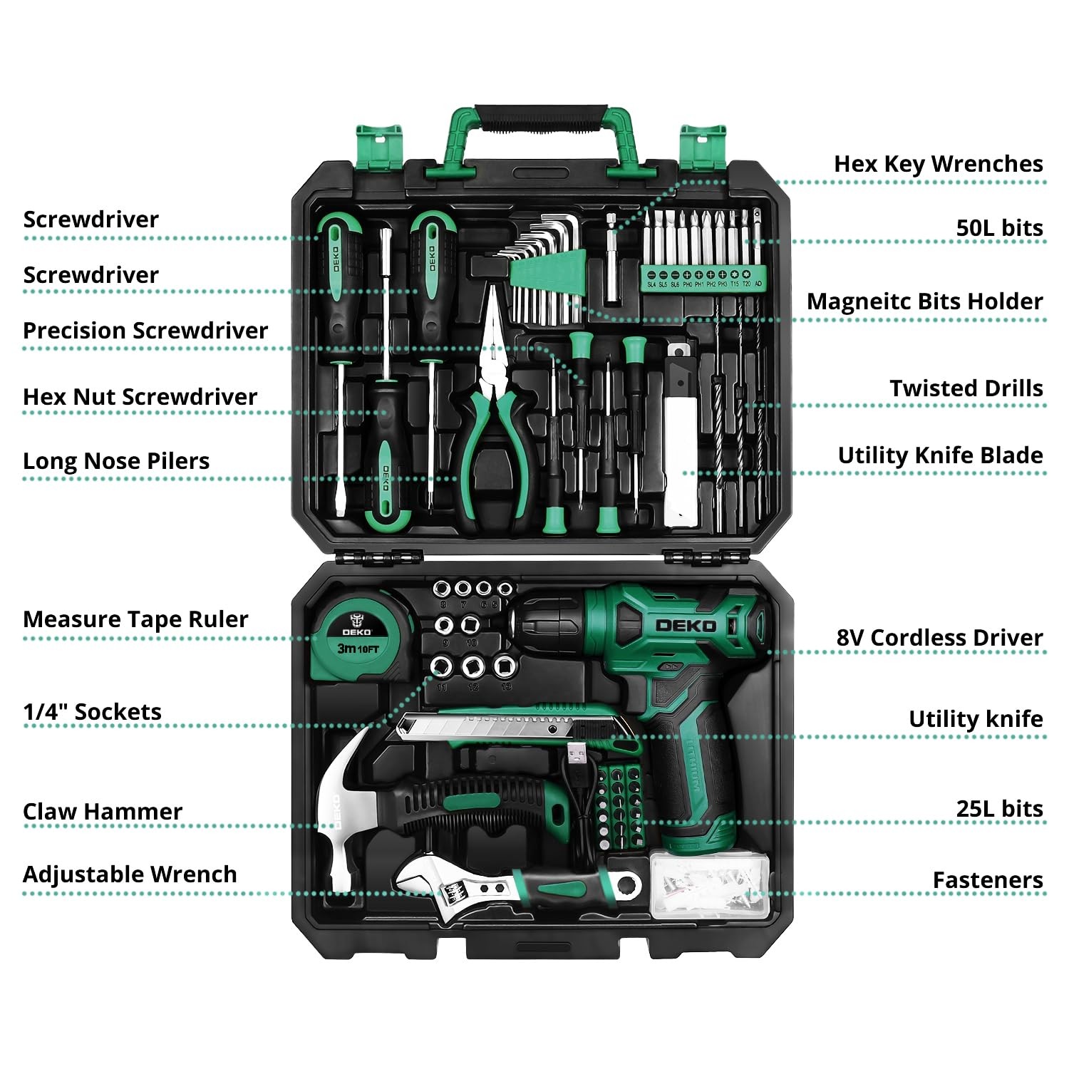 Tool Kit: 8V Cordless Drill, Home Toolbox with storage case, Hand Green