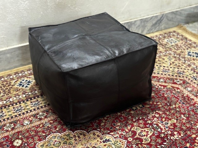 20 Inch Black Leather Pouf Ottoman – Authentic Moroccan Boho Footstool