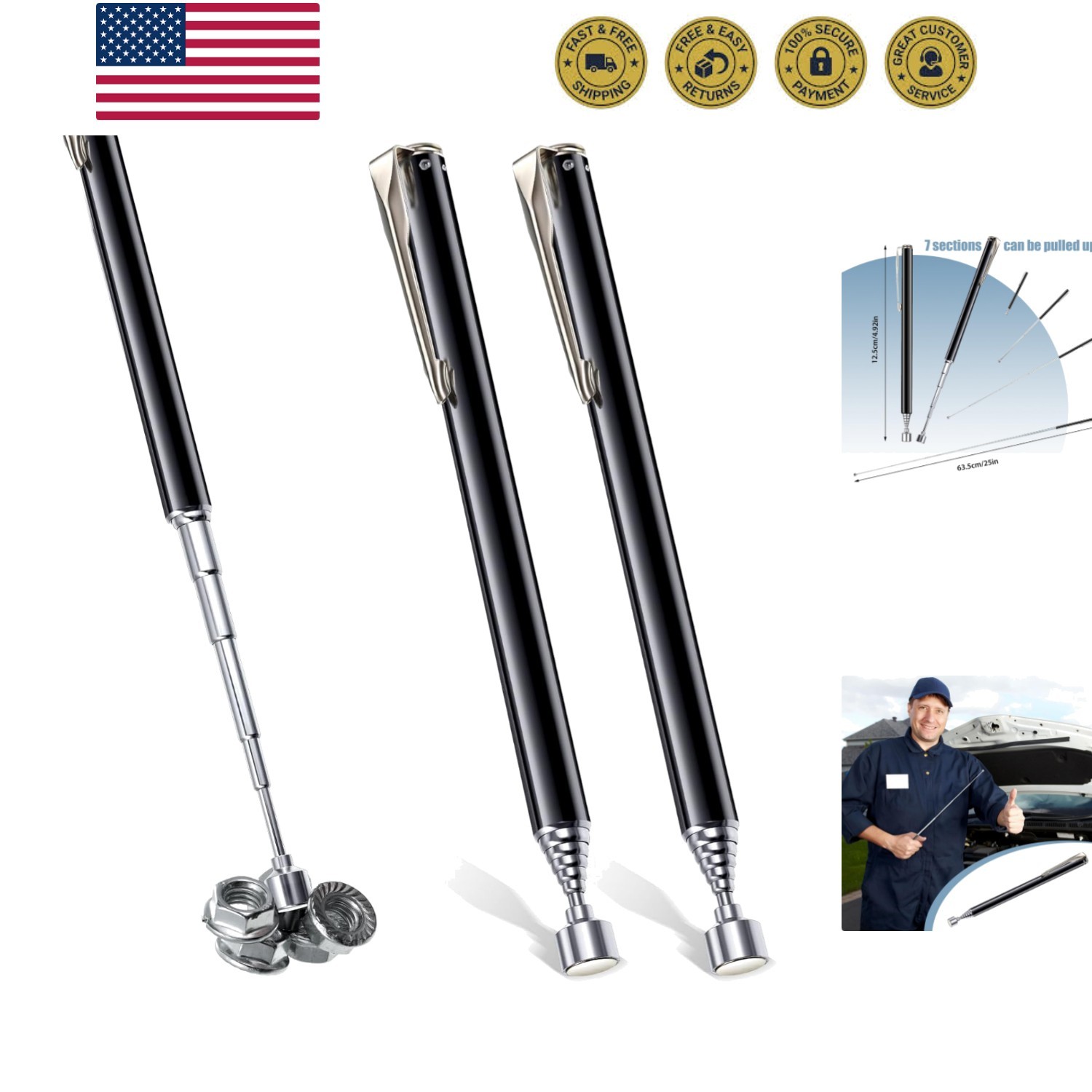 2 Pieces Telescoping Magnetic Pick up Tool Grabbers Reacher Tools with Pocket...