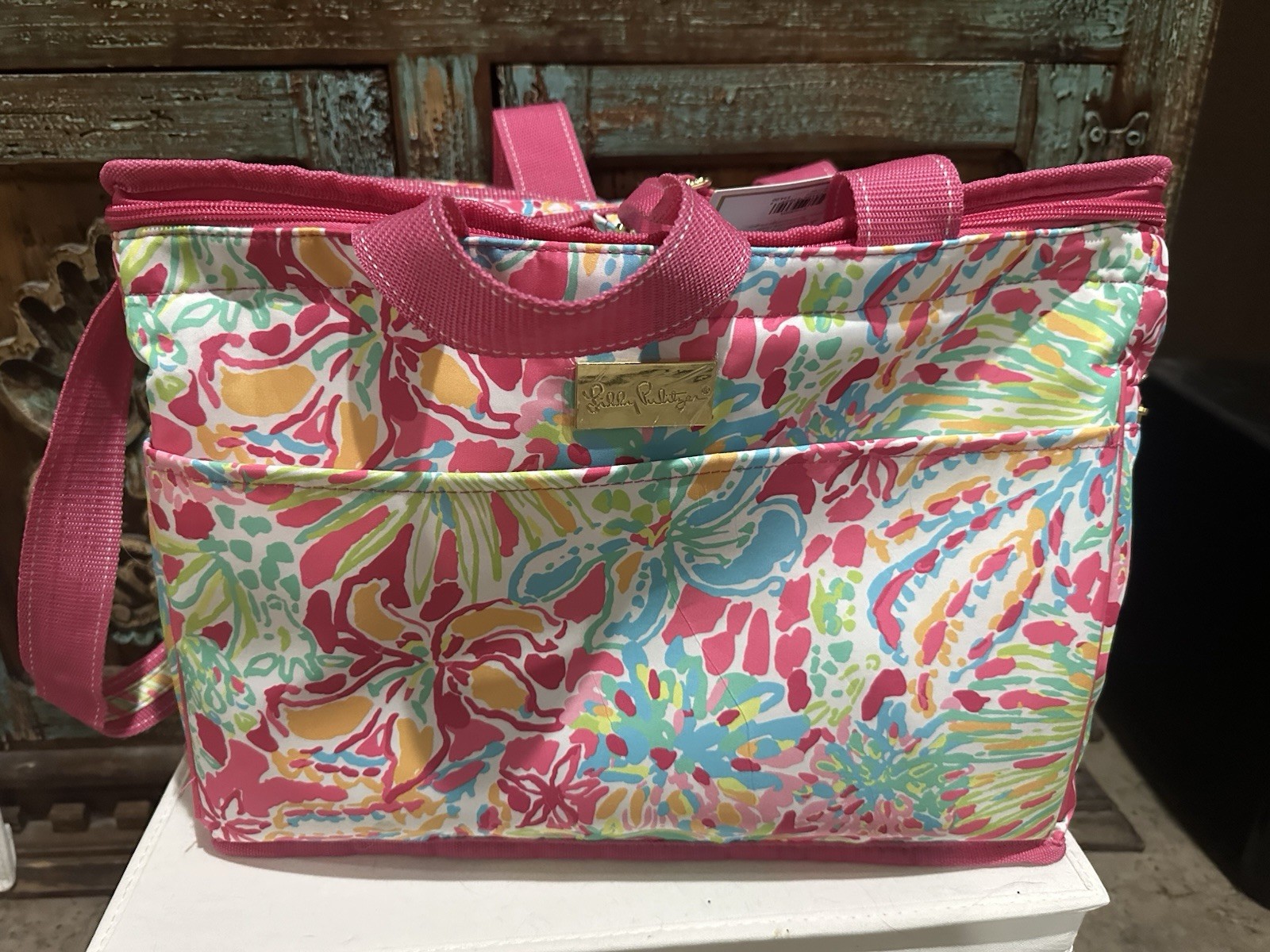 LILLY PULITZER  INSULATED COOLER/TOTE -PINK/BLUE 15.5 x10x12 LOVER'S CORAL NWT