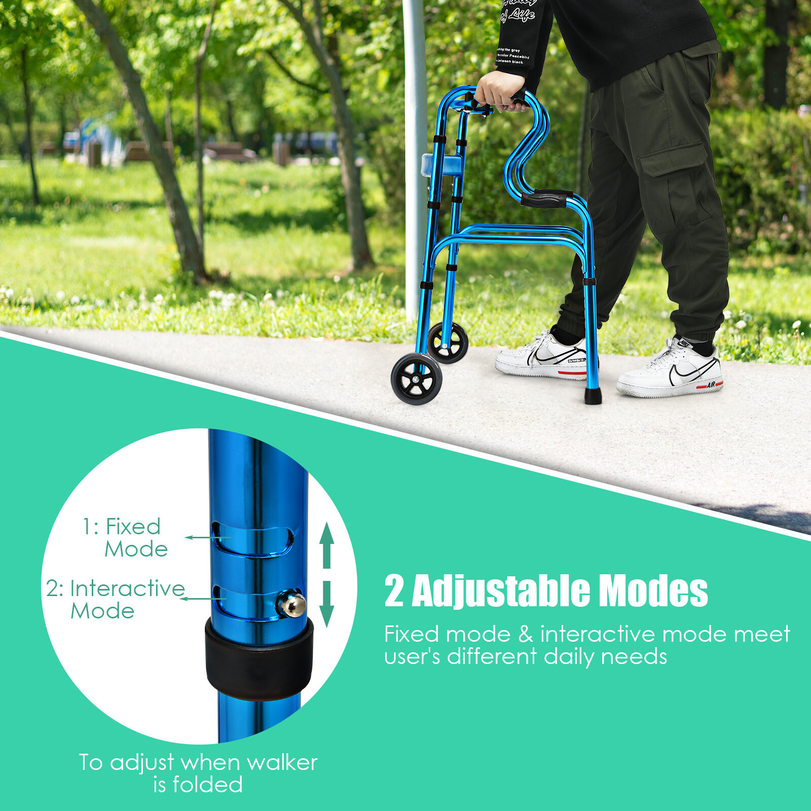 Goplus Heavy-Duty Folding 3 in 1 Stand-Assist Walker Aluminum Alloy W/Wheel Blue