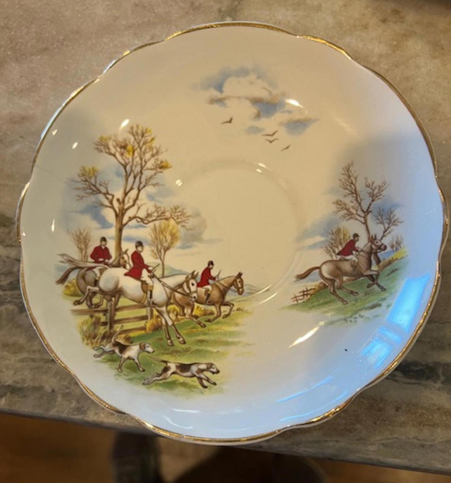 Vtg. Regency English Porcelain Saucer Hunting Scene-Mounted Horses & Dogs 5.75"