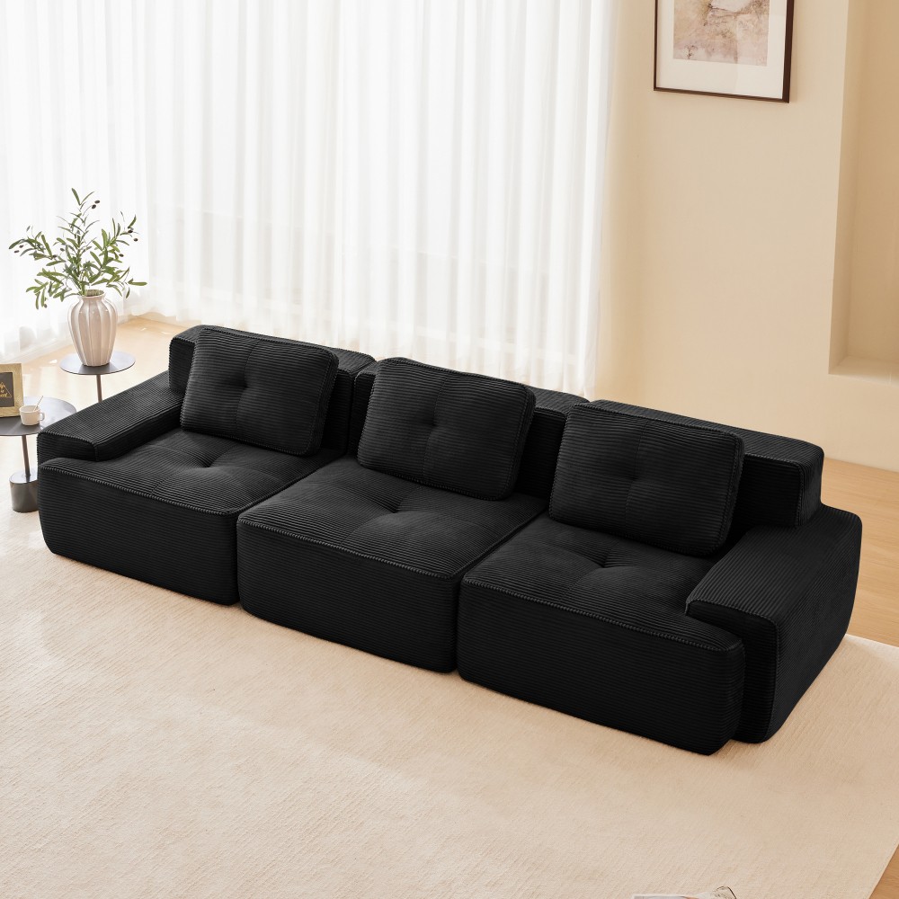 117" Modern Modular Sofa w/ Deep Seat, Tufted Design, Corduroy Fabric, Black