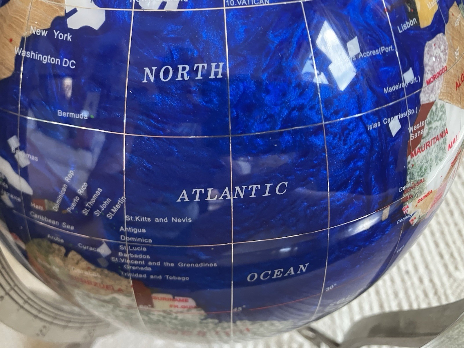 Blue Gemstone Tabletop World Globe w/ Rotating Silver Metal Base Compass