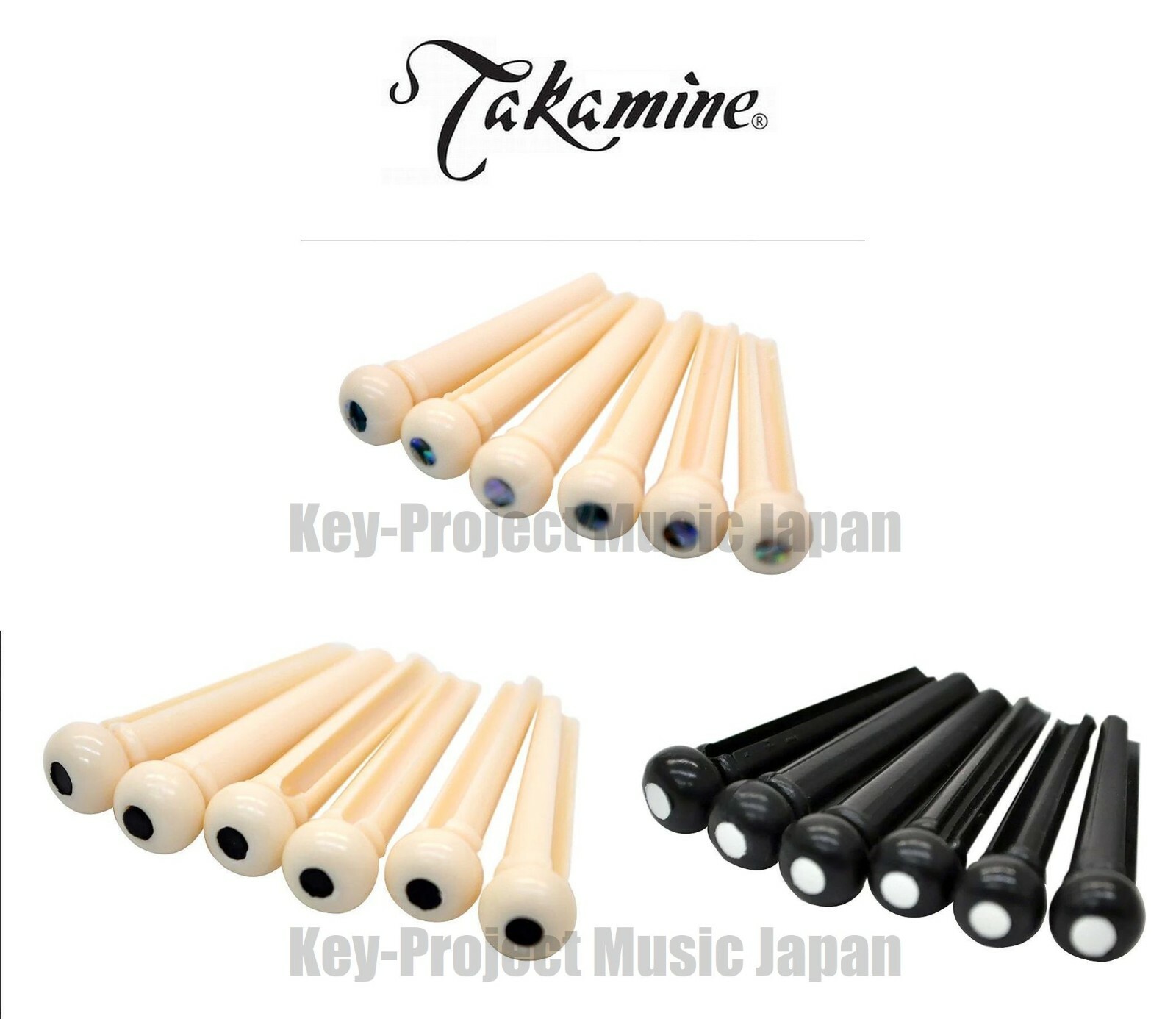Takamine Bridge Pins for Acoustic Guitar Ivory/Avalon, Blk Dot Black/Wht Dot New