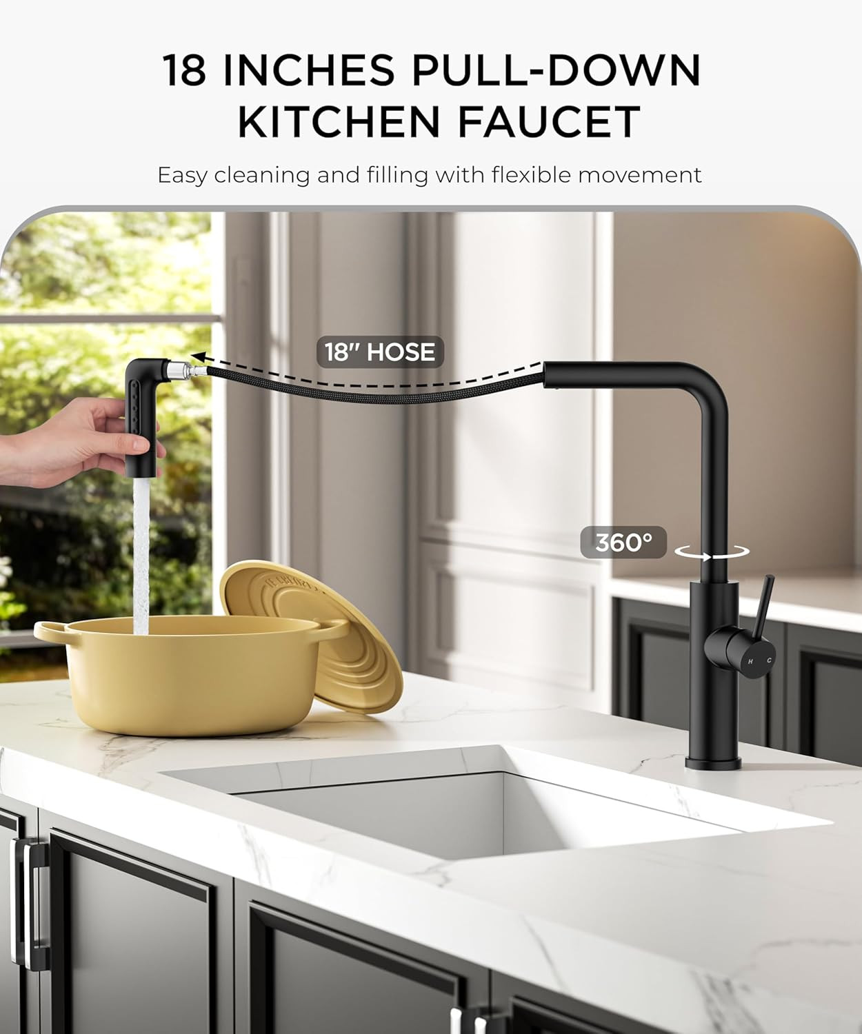 Black Kitchen Faucet with Pull-Down Sprayer & 5 Waterfall Modes