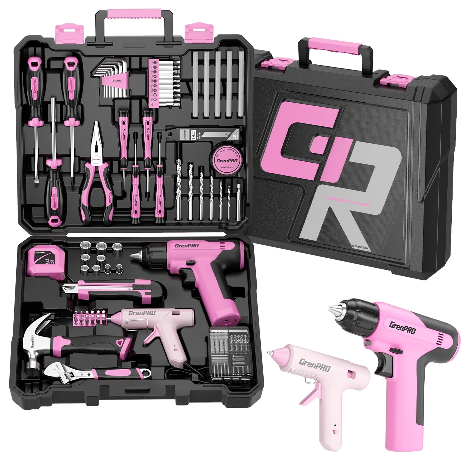 Pink Tool Set Drill Set, 188PCS Tool Kit For Home with Pink Cordless Drill Po...